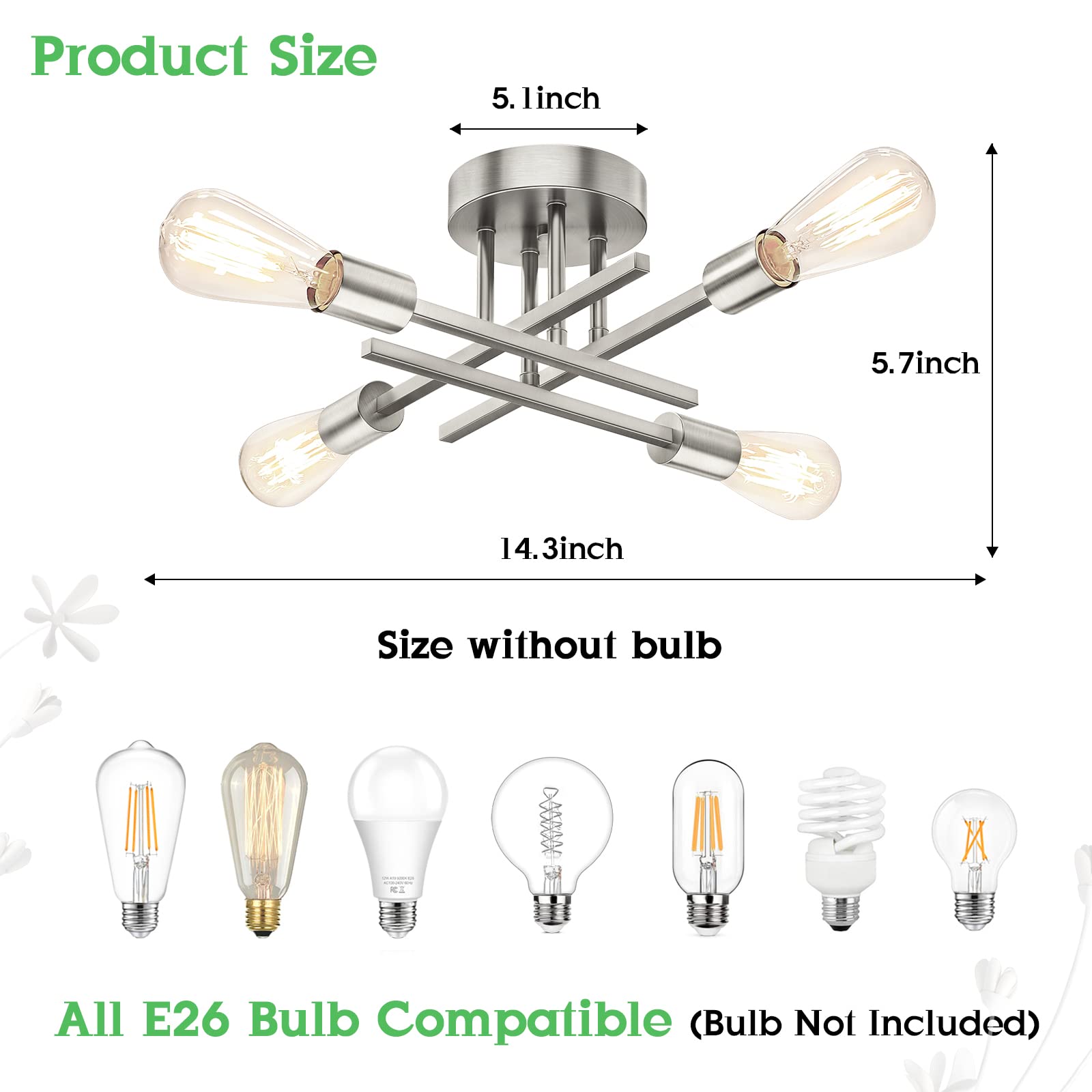 Brushed Nickle Semi Flush Mount Ceiling Lights, 4-Light Modern Industrial Sputnik Chandelier Light Fixture, Silver Flush Mount L