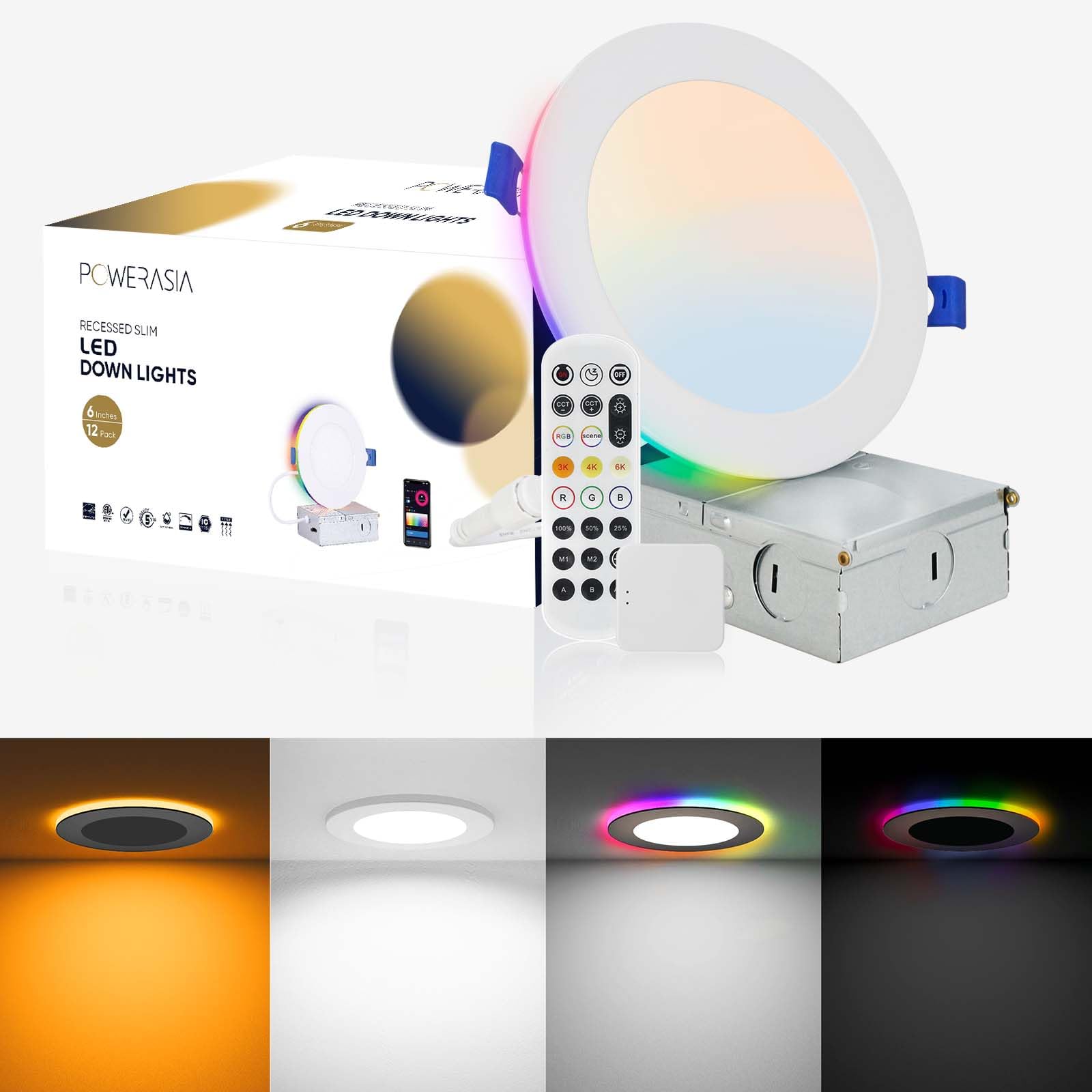 POWERASIA 12 Pack 6 Inch Smart LED Recessed Lighting with RGB Back Light, 12W 1200LM Smart LED Recessed Lights with Junction Box