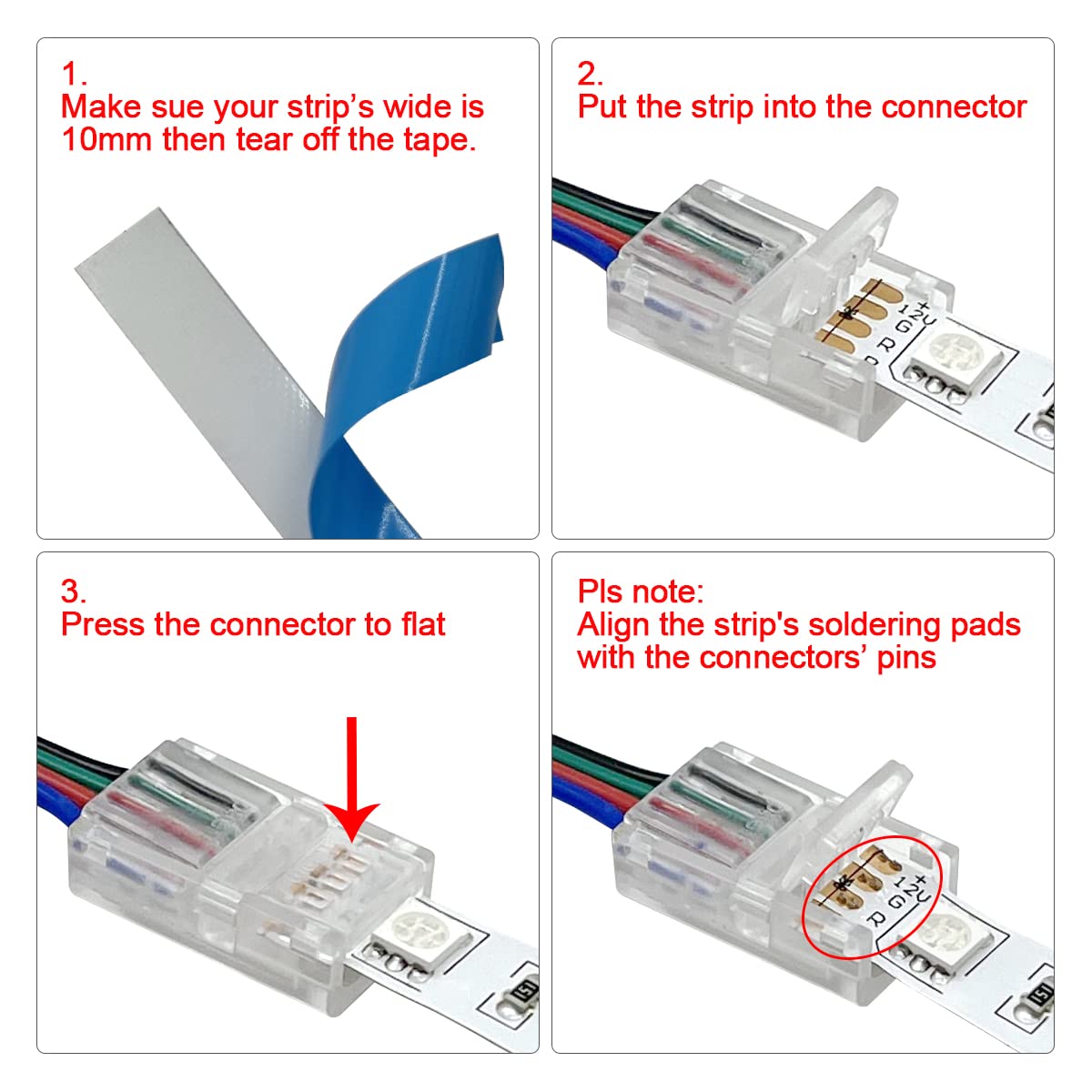 Hamrvl 12 Pack Cob Led Strip Light Connectors, 4 Pin, Led Strip To Wire Solderless Transparent Track Lighting Adapter, 6M/19.68F