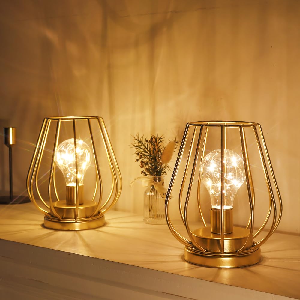 Trirocks 2 Set Ofmetal Battery Operated Lamp 7'' Tall Mini Cage Shape Cordless Table Lamp Battery Lanterns With Warm Fairy Light