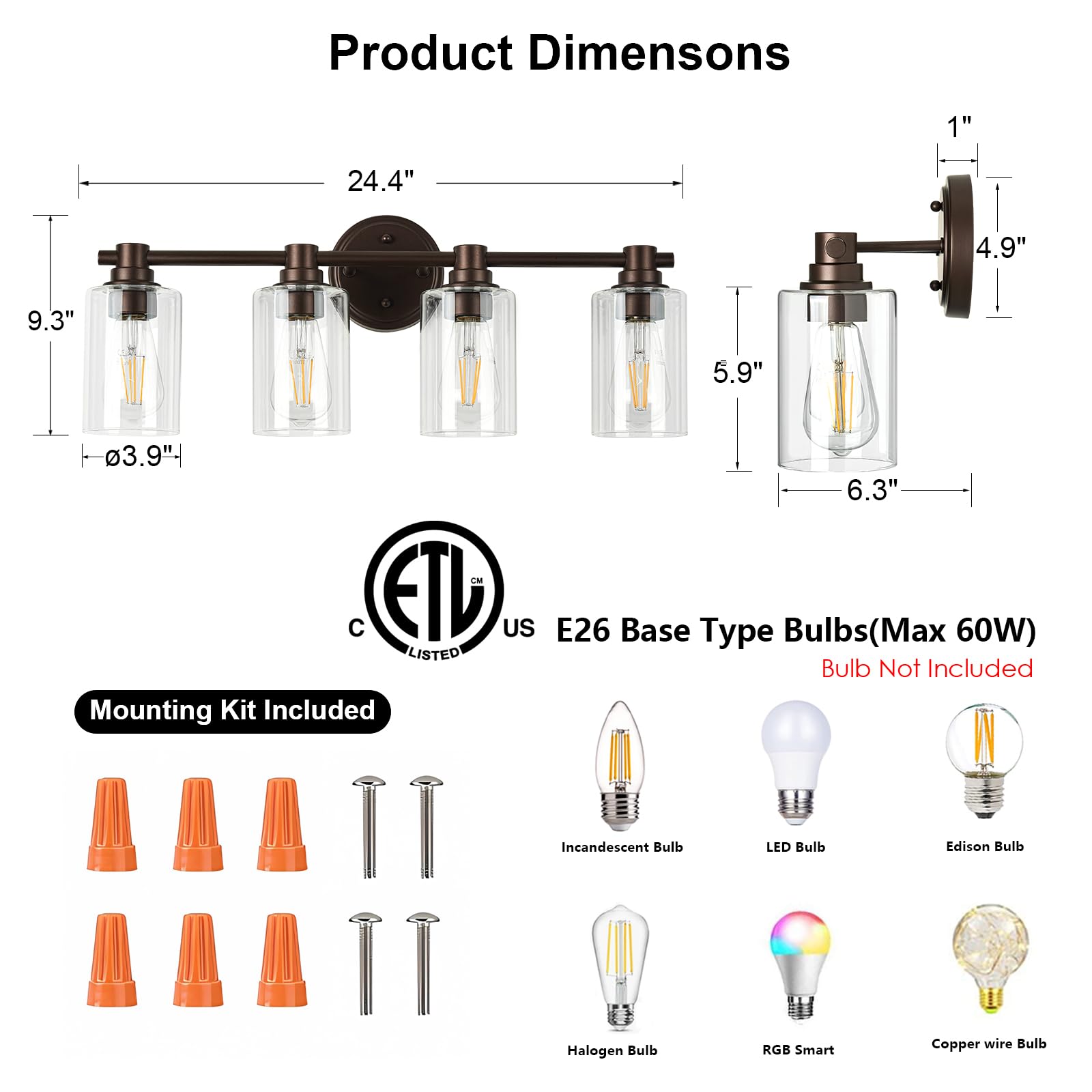 Alaislyc 4-Light Bathroom Wall Sconce, Oil-Rubbed Bronze With Clear Glass For Vanity & Living Room