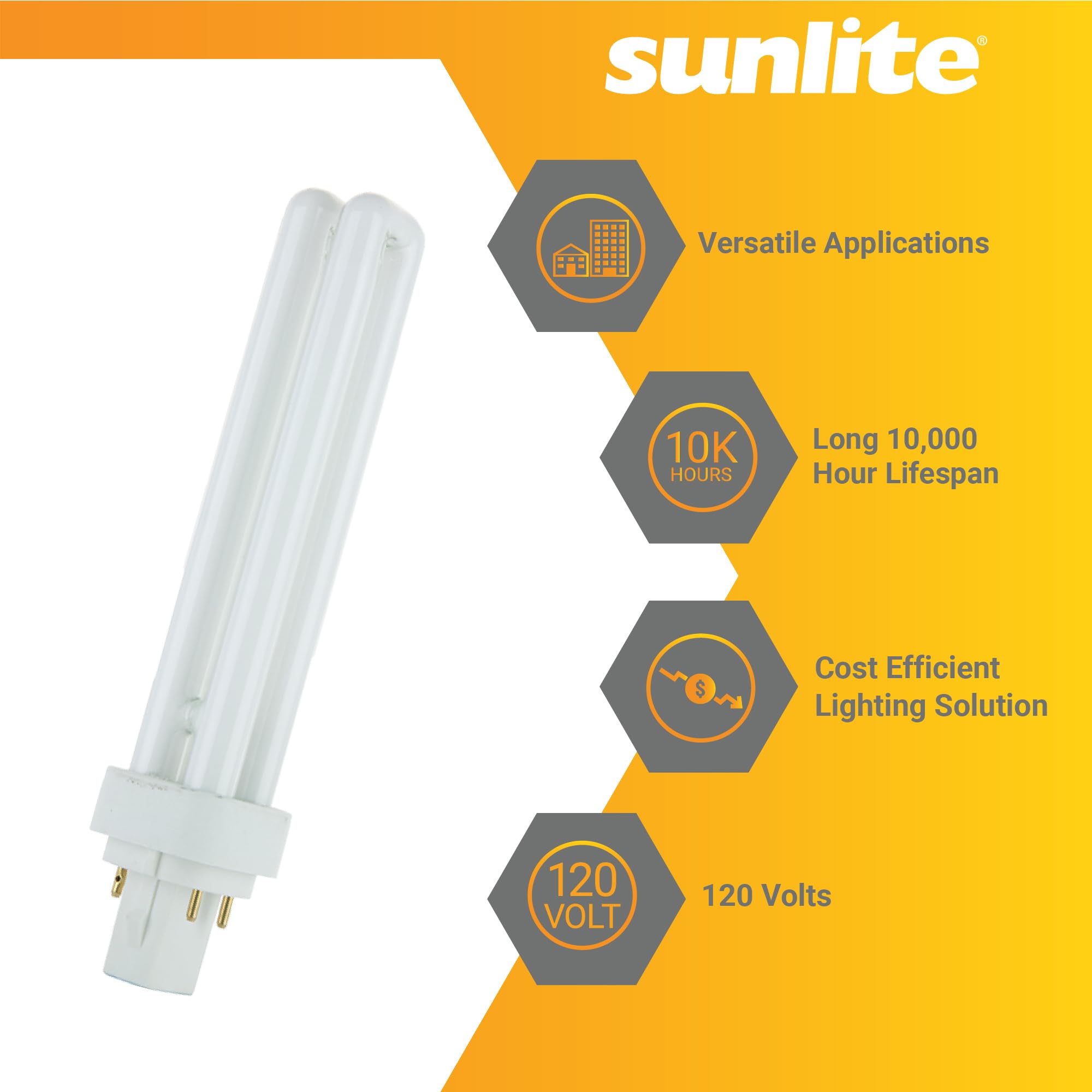 Sunlite Compact Fluorescent PLD 4 Pin Double U-Shaped Twin Tube Light Bulb, 26 Watts, 120 Volts, 4 PinG24q3 Base, 1560 Lumens, 3