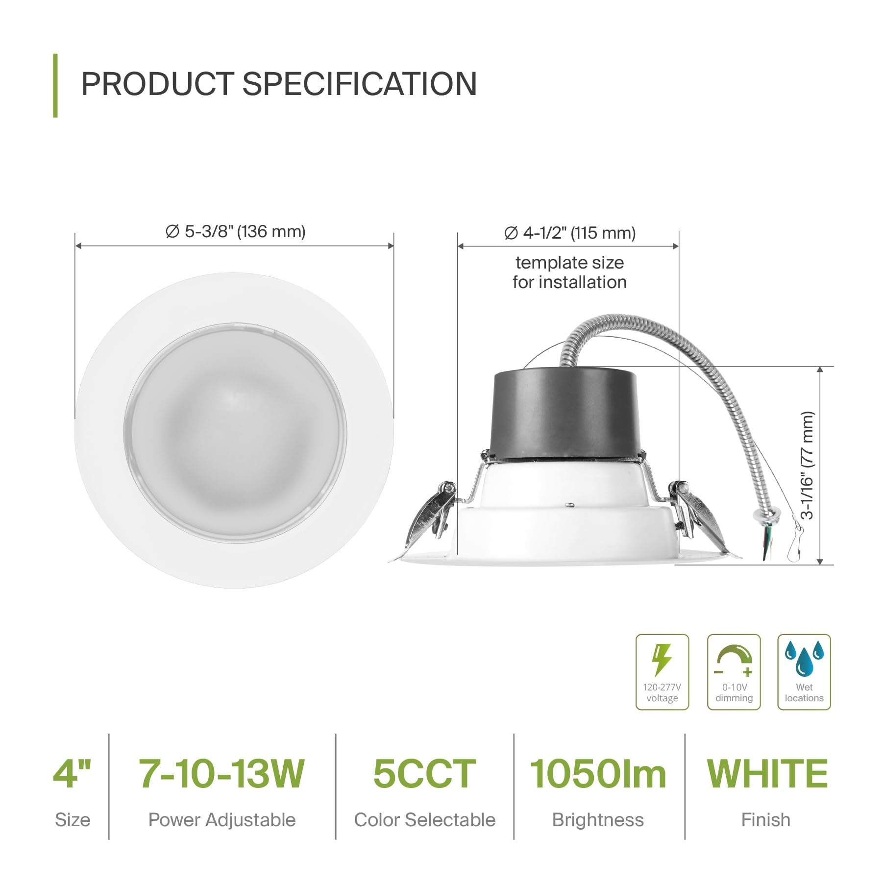 Asd 4 Inch Commercial Canless Led Downlight, Power Adjustable 7/10/13W Lighting, Dimmable Recessed Ceiling Light Fixture, 5 Colo