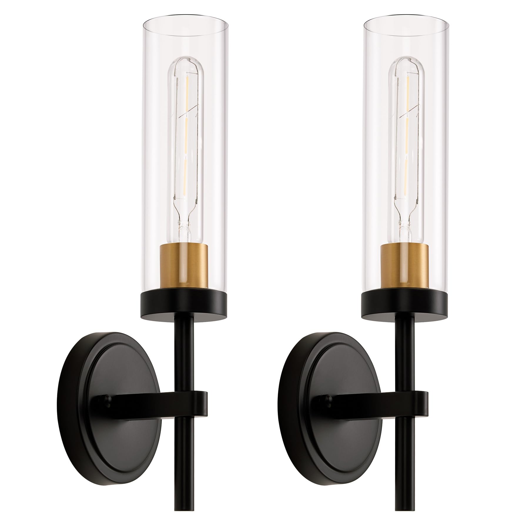 Black And Gold Hardwired Wall Sconces Set Of 2, Modern Bathroom Vanity Sconces Wall Lighting With Clear Glass Shade, Farmhouse W