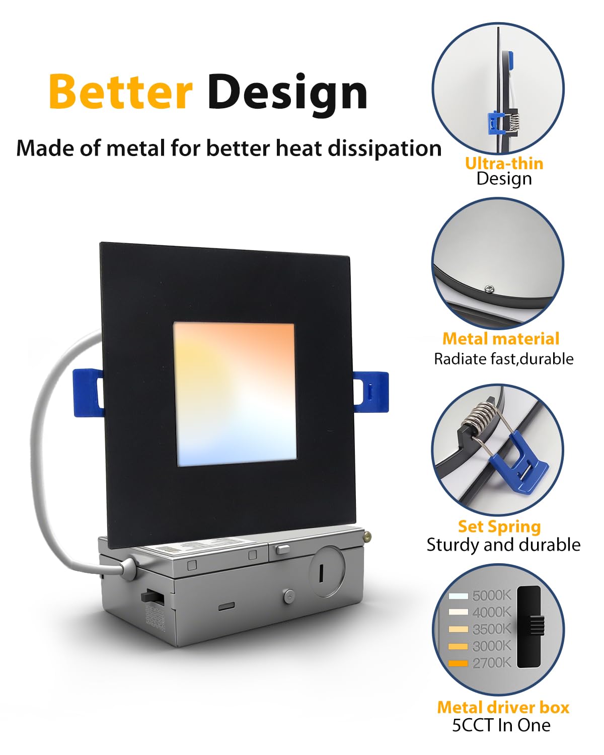 Adetu 4 Inch Square Led Recessed Lighting Black 5Cct Ultra Thin Square Led Ceiling Light With Junction Box 2700K-5000K  10W 860Lm Can-reduceer Wafer Downlight Etl And Energy Star Certified