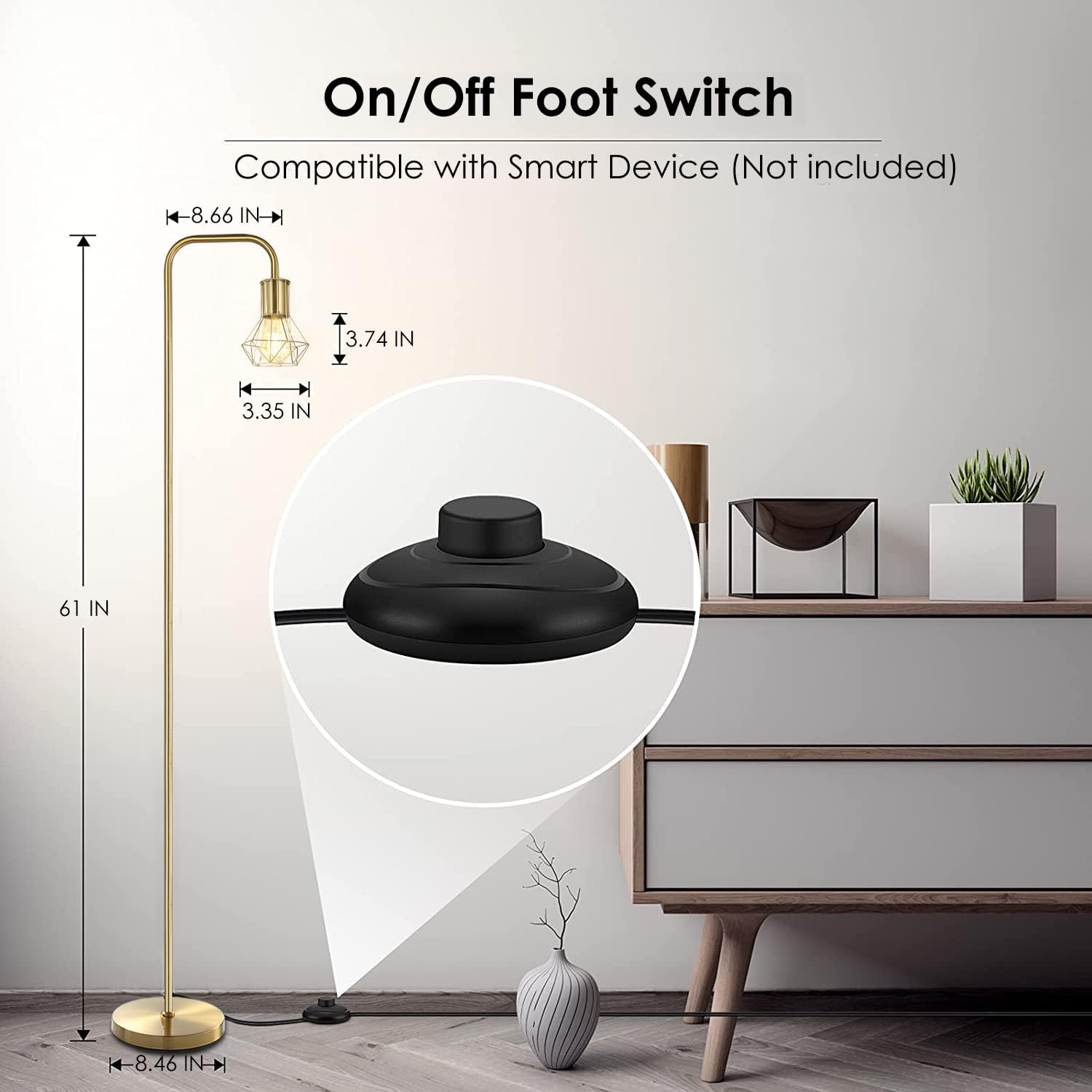BoostArea Gold Floor Lamp, Industrial 6W Metal Lamp with E26 Socket, On/Off Footswitch, Medium Size, Model B1212