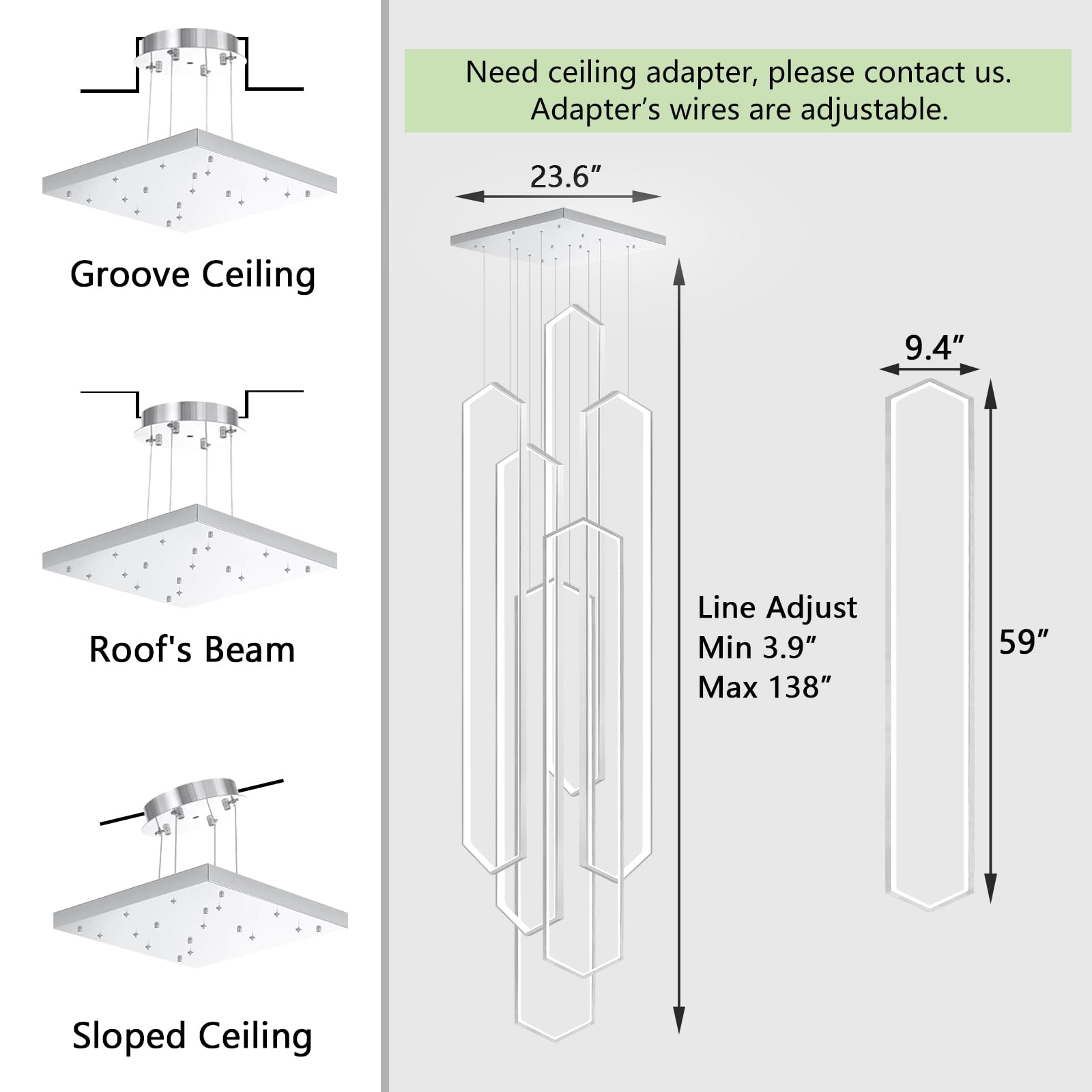 dolria 6 Rings Silver Modern Chandelier, Dimmable LED High Ceiling Light, 59in x 9.4in x 138in, Ideal for Living Room or Foyer