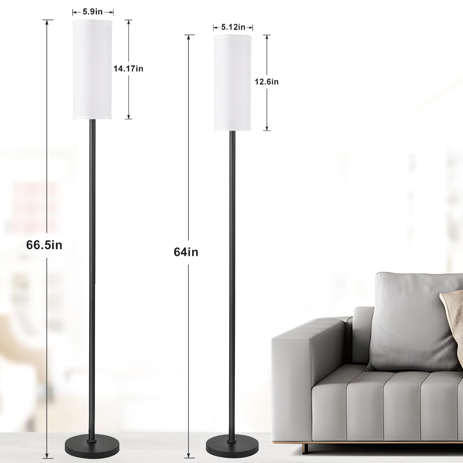Ambimall 66'' Floor Lamps For Living Room With Remote Control And Stepless Dimmable Colors Temperature & Brightness, 9W Bulb Included(White Lampshade & Black Pole)
