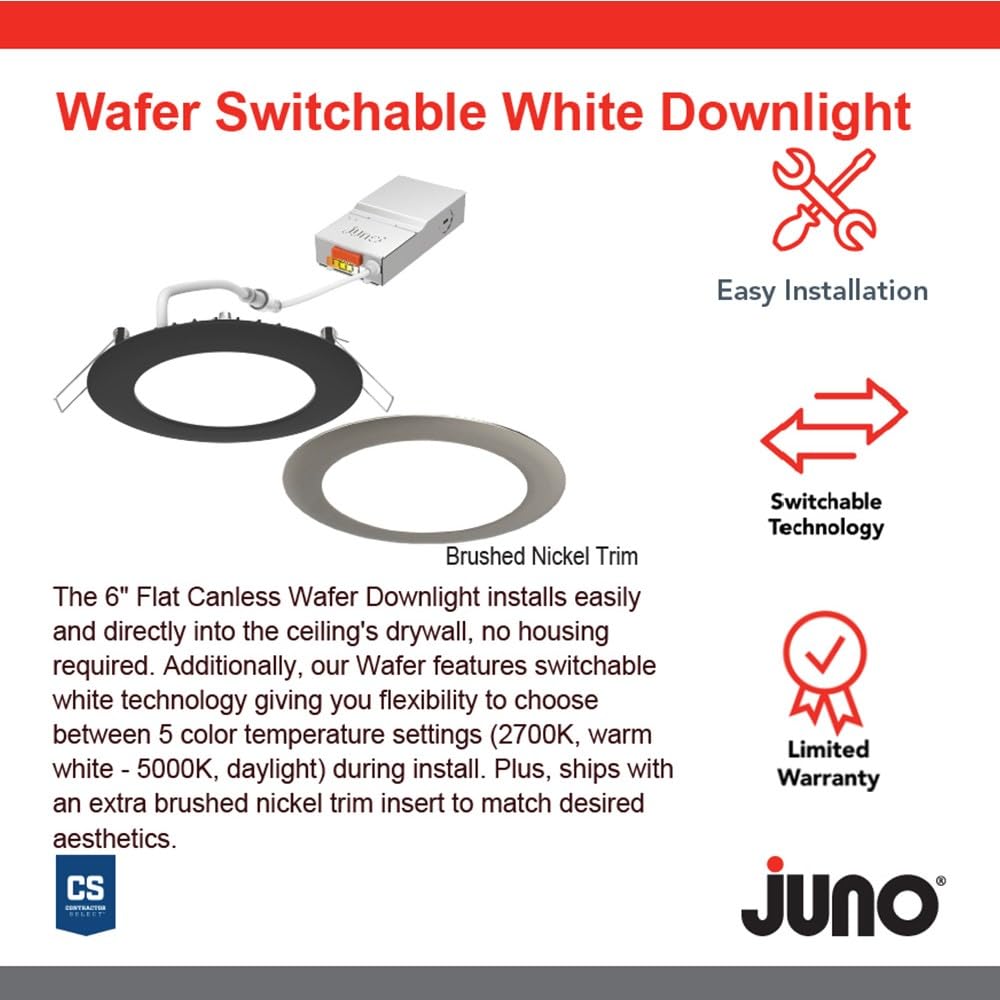 Juno WF6 LED Wafer Downlight, 6-Inch Ultra Thin, Matte Black with Brushed Nickel Trim, 120V, Switchable Color Temp 2700K-5000K