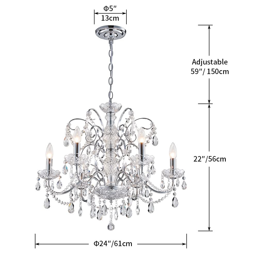SM Saint Mossi 6-Lights Crystal Chandelier, Modern Pendant Light Fixture, Adjustable Chain, H22 x D24, Clear-Chrome, Suitable for Bedroom/Living Room