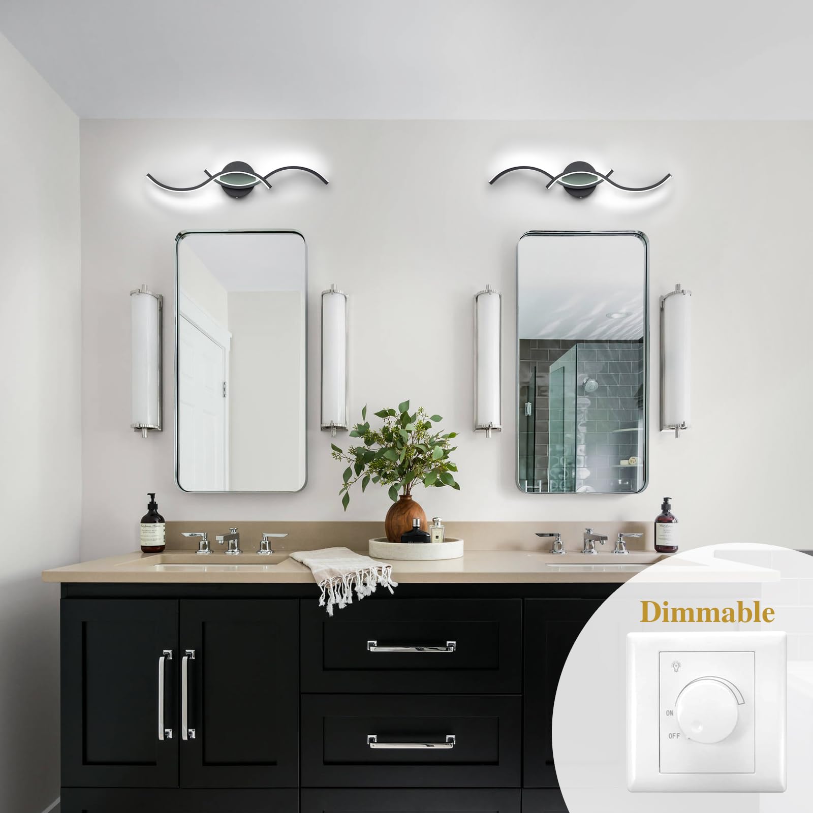 Edislive 24" Modern Wave Led Vanity Light, Dimmable Black Aluminum Wall Sconce For Bathroom