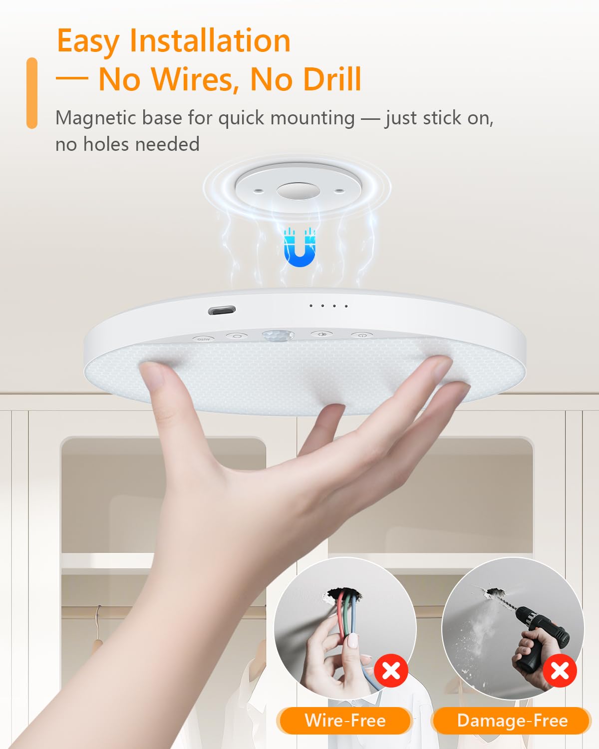 Rechargeable 6W Motion Sensor Ceiling Light, Wireless Magnetic Stick-On, Remote Control For Color & Brightness, Battery Operated