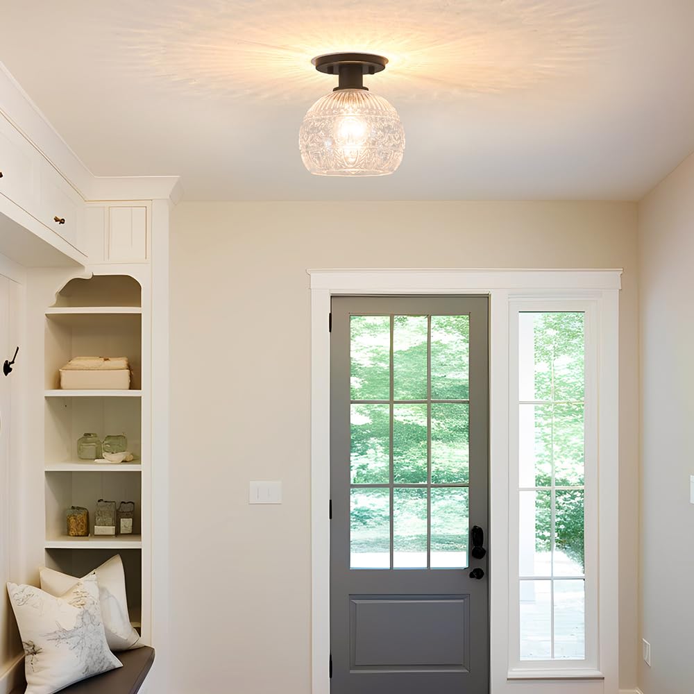 Semi Flush Mount Ceiling Light Fixture, Vintage Flush Mount Ceiling Light With Glass, Goble Hallway Light Fixtures, Black Bathro