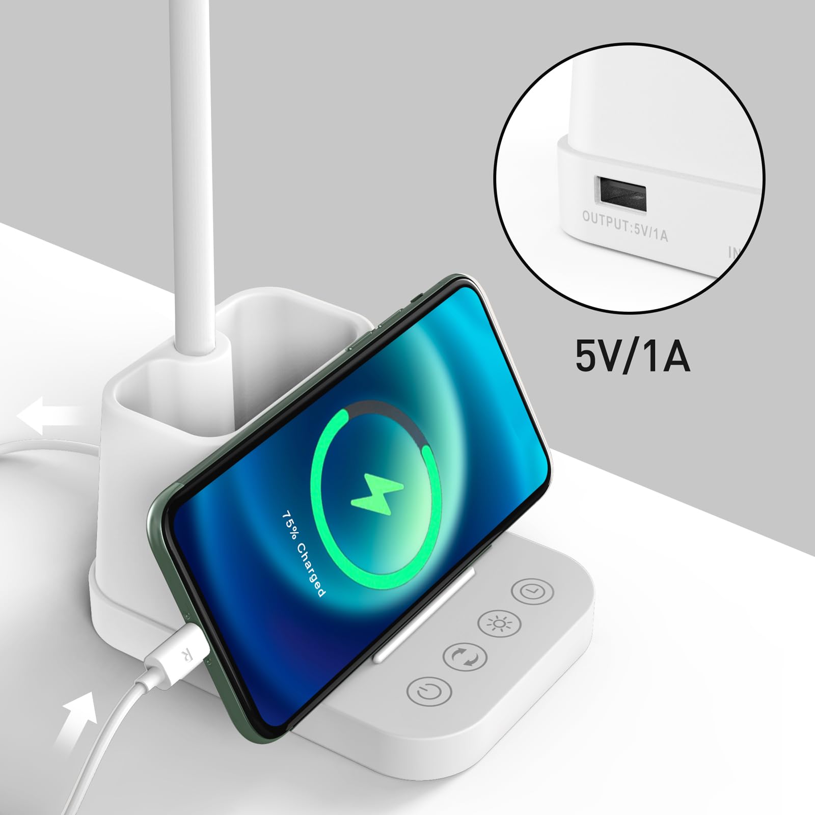 AXX Gooseneck LED Desk Lamp - White, USB Charging, 650LM, Modern Design, Pen Holder, Model TU01