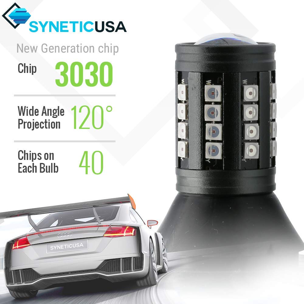 Syneticusa 3157 Red LED Brake Parking Tail Stop Turn Signal Light Bulbs, Error Free, Canbus Ready, Built-In Resistors