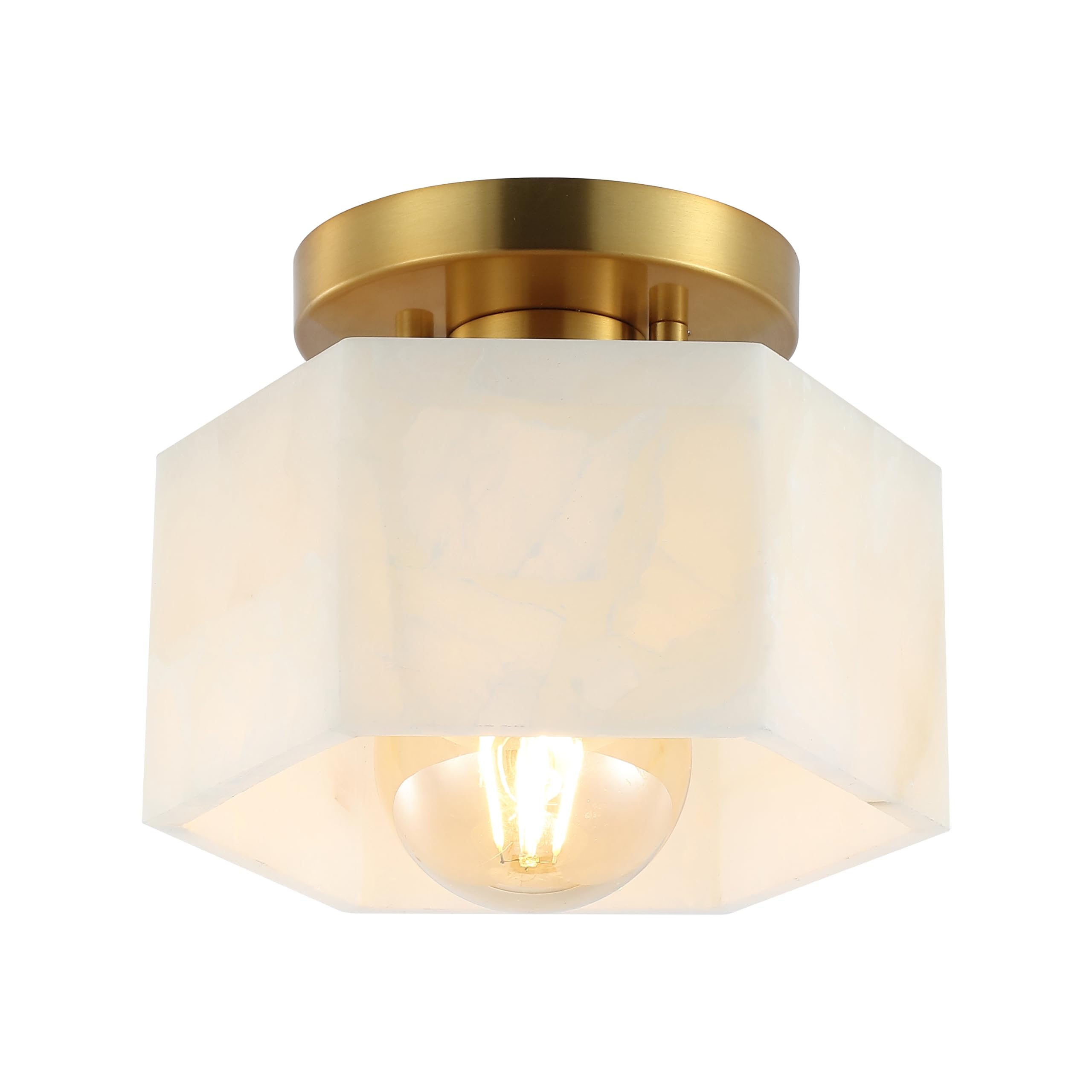JONATHAN Y 8 Brass Gold Modern 1-Light Hexagonal LED Semi Flush Mount Ceiling Light, White Alabaster Marble Shade, Glam Lamp for