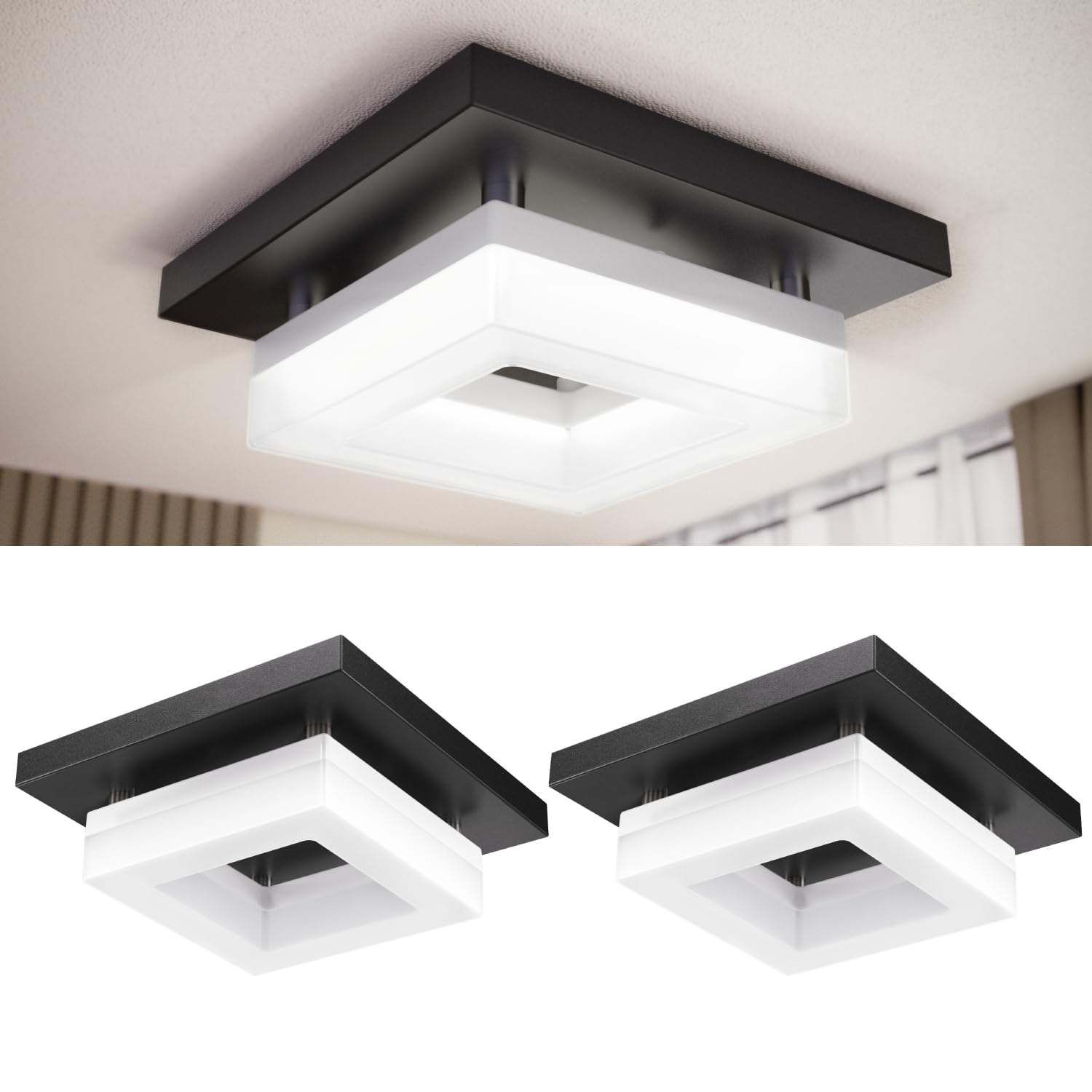 Sunco 8 Inch Square LED Flush Mount Light Fixture, 5 CCT Selectable, 1800LM, 2 Pack, Black, Alloy Steel, Model CL8_SQ-BK-