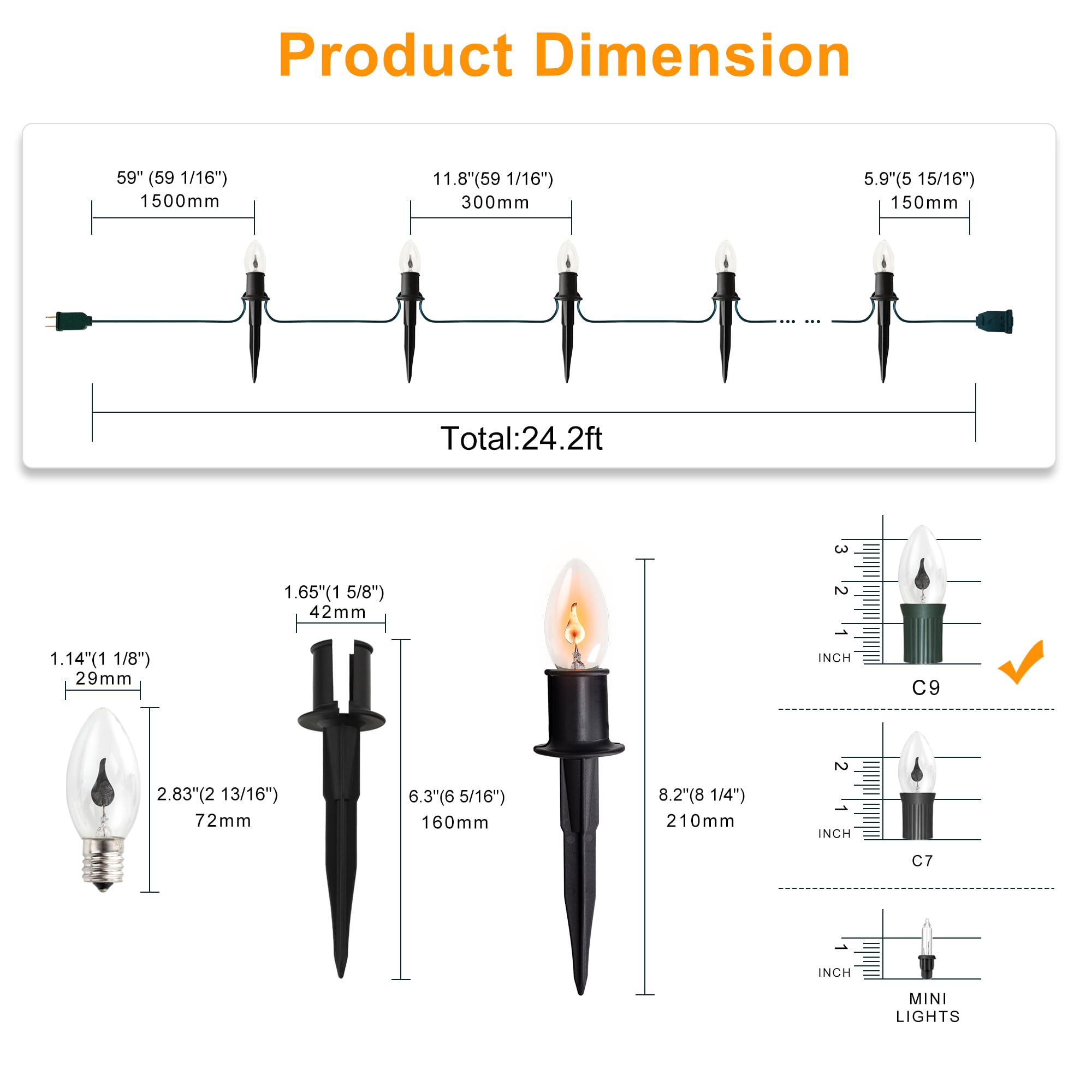 Tioriy 24.2Ft Flickering Flame Pathway Halloween Lights Decoration Outdoor, C9 String Lights Halloween Decor With Stakes, Waterproof 20 Flicker Lights For Garden, Party, Green Wire