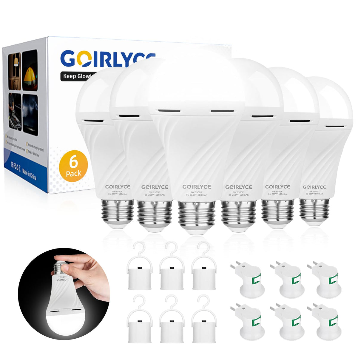 6Pack Emergency Rechargeable Light Bulbs With Auto-On During Power Outage For Home, Camping, Hiking, Hurricane, White 9W E27 650