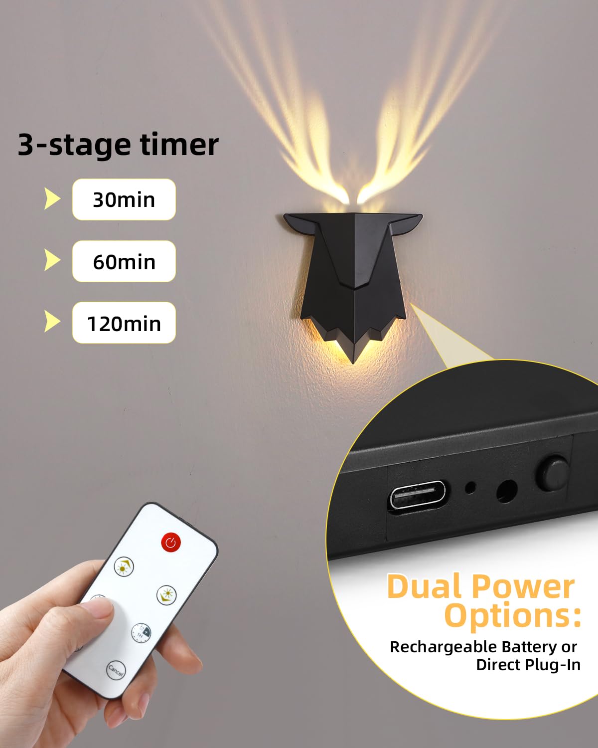 Fuloon Antler Night Light with Remote Control, Adjustable Deer Wall Lamp Battery Operated and Removable Charging for Bedroom, Li
