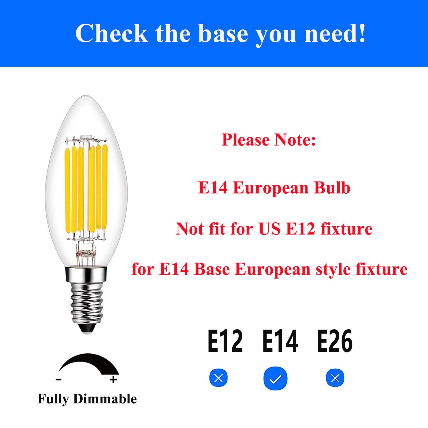 Beonllay E14 6W LED Bulb, Dimmable 2700K Warm White, Glass, 600 Lumens, C35 Model, 4 Pack