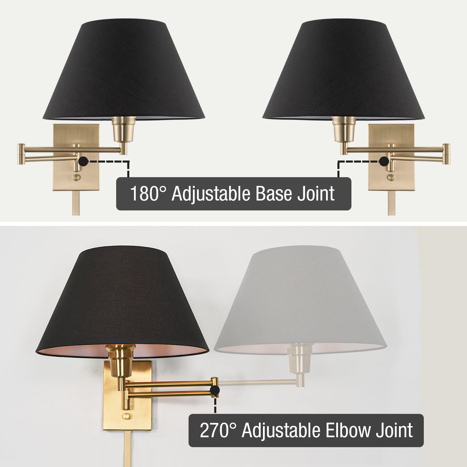 Kira Home Cambridge 15in Modern Swing Arm Wall Lamp, Metal, Cool Brass Finish, Black Fabric Shade, 2-Pack, Model RV-W7489-CB-BK-S2