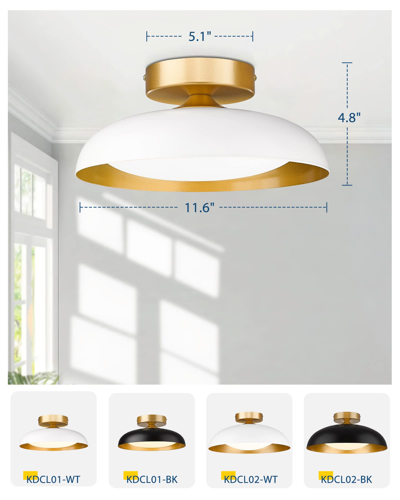 Kudos White And Gold Ceiling Light Fixture 2 Pack, Led Semi Flush Mount Light Fixture, 12W/1200Lm 12 Inch Ceiling Lights For Kitchen, Hallway, Bathroom, 3000K/4000K/6000K Adjustable, Kdcl01-Wt-2Pk