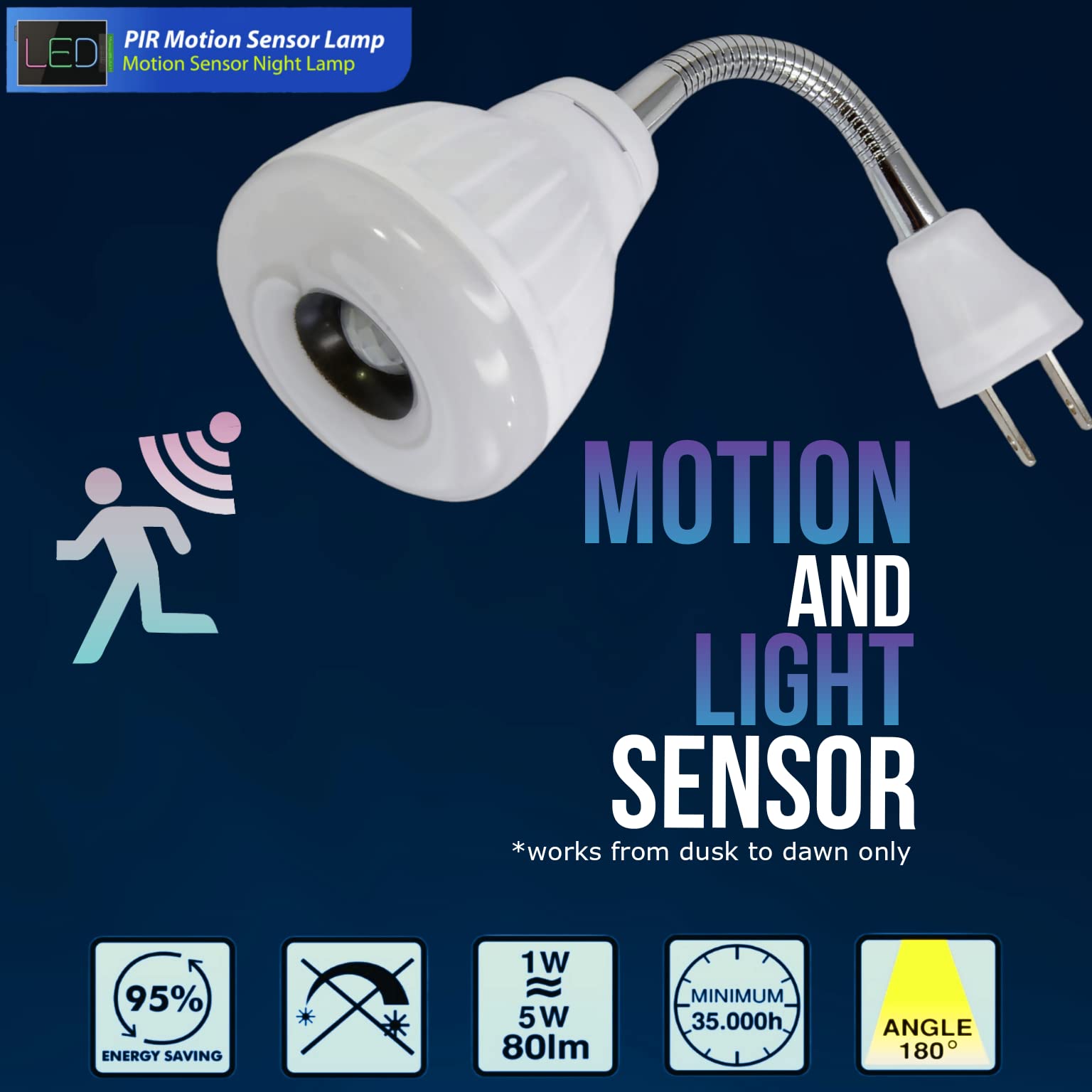 Maxfagell Led Motion-Activated Sensor Dusk To Dawn Pir Night Light Plug-In Wall Ac Outlet Directional Flexible Indoor Stair Clos