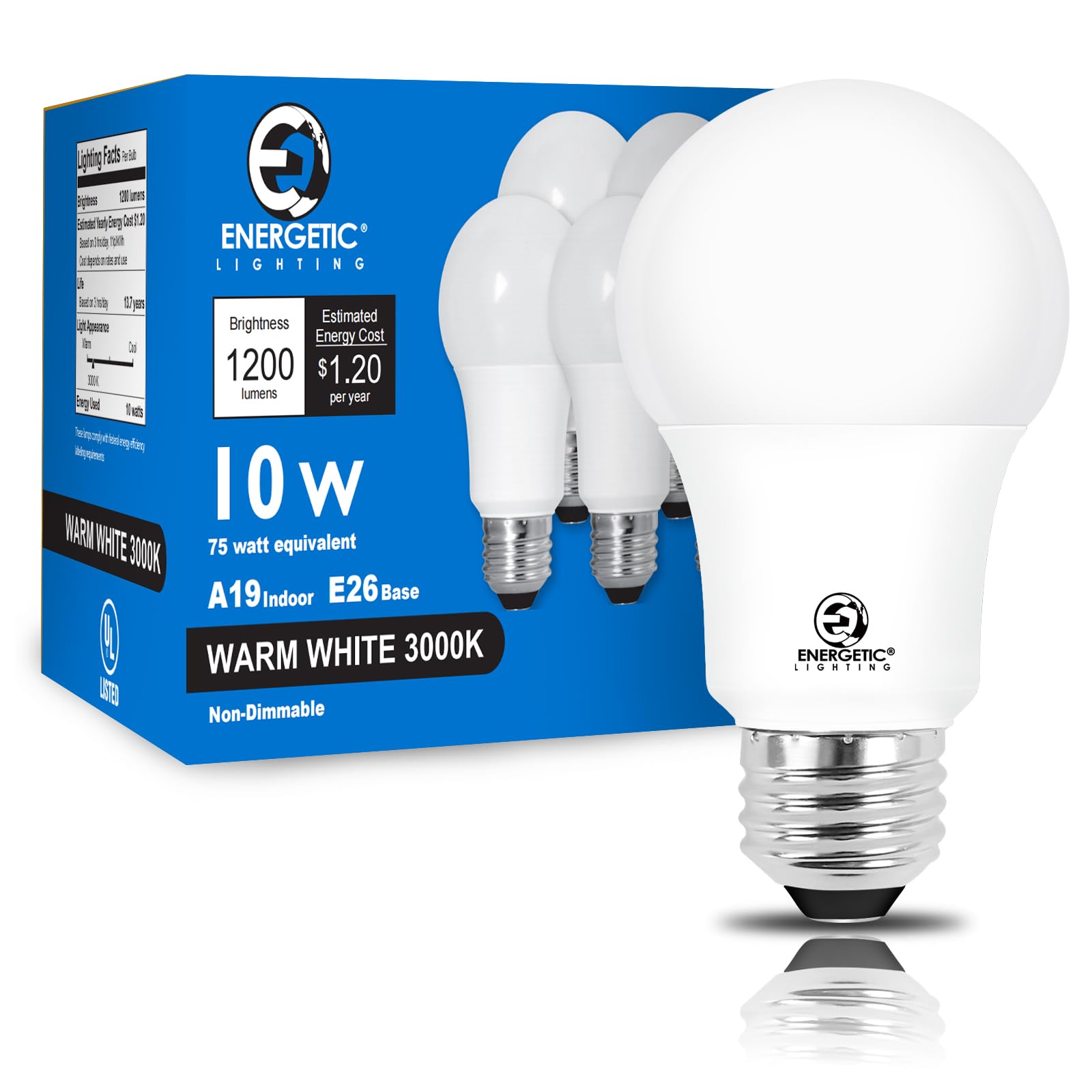 E Energetic Lighting Light Bulbs 75 Watt, Warm White 3000K, 1200Lm Super Bright, Non-Dimmable A19 Led Light Bulbs, E26 Standard 