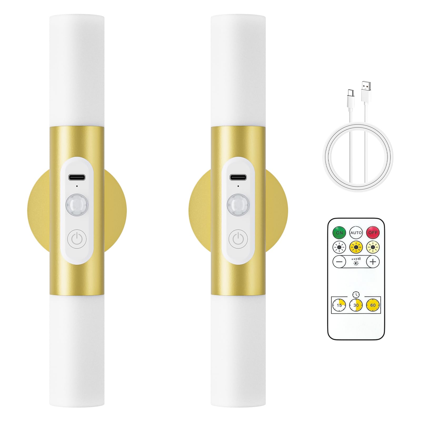 Hensam Motion Sensor Wall Sconces, LED Rechargeable, Remote Control, Gold, Set of 2, Model CL-K67-A-Gold-DE