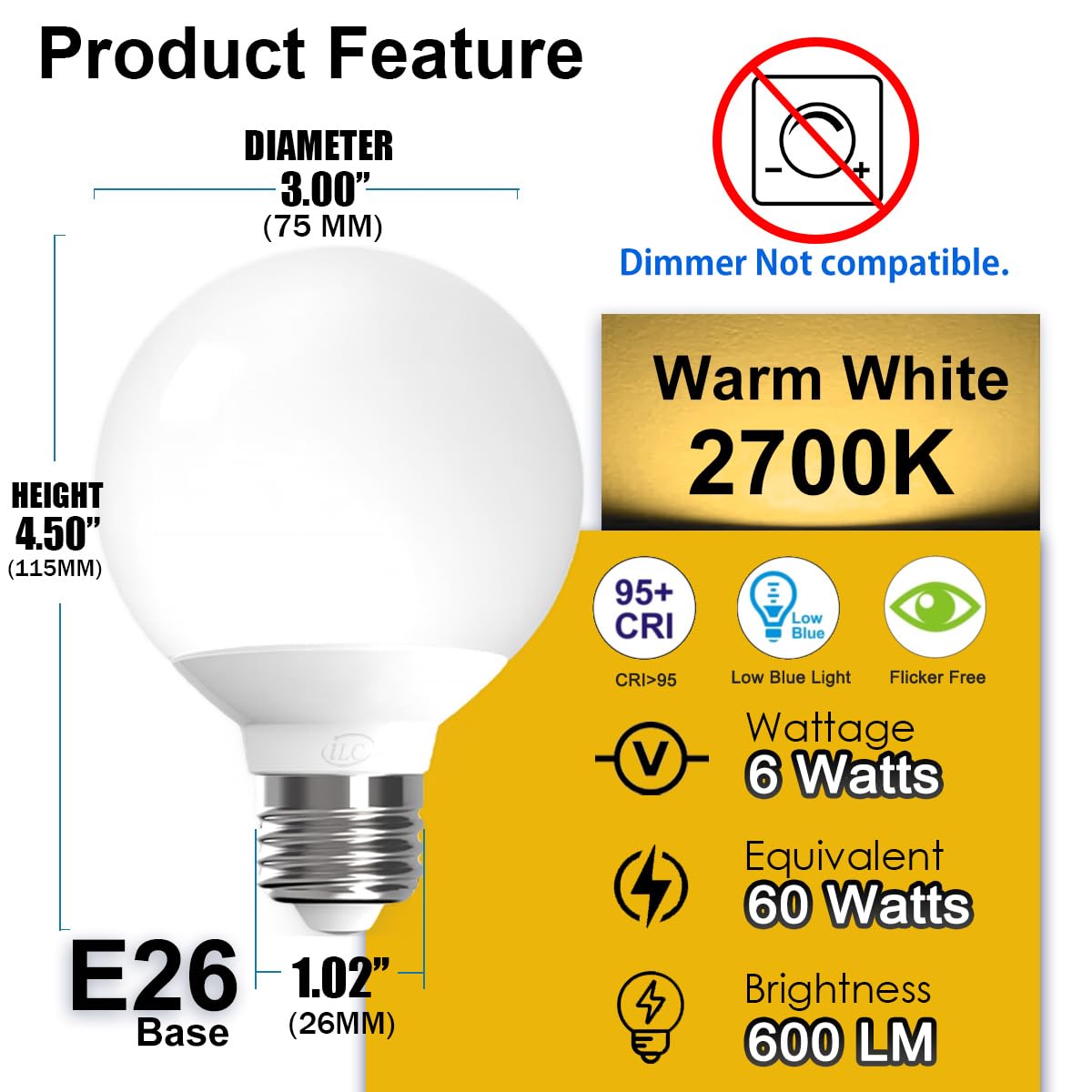 ILC G25 Globe Light Bulbs, App-Controlled, 600LM, 6W, 2700K Warm White, E26 Base, 6 Pack, RGB Color Options