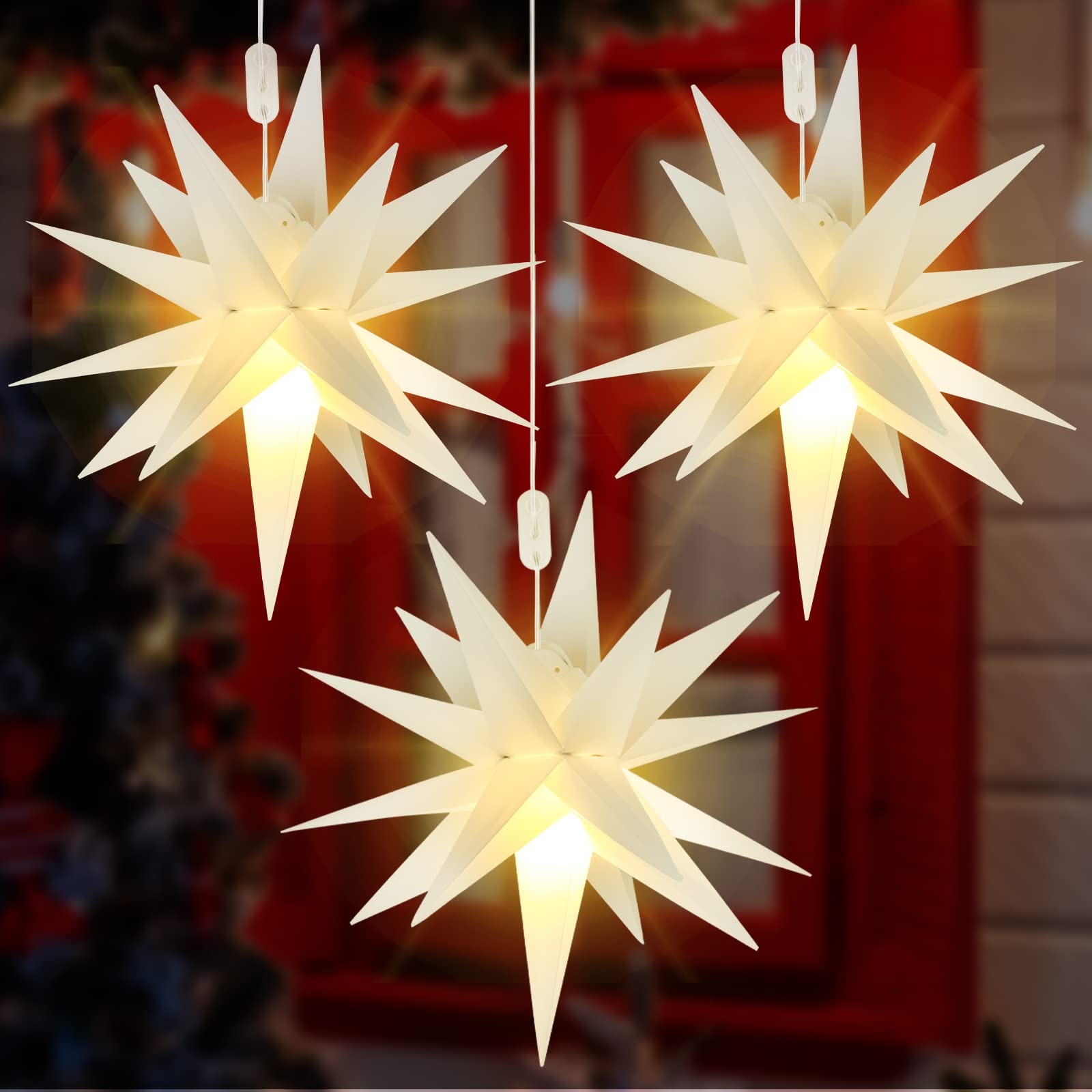 Kingdder 3 Pieces Moravian Star Light LED 3D Star Hanging Light Powered by Battery with Timer Function White Porch Lantern Holid