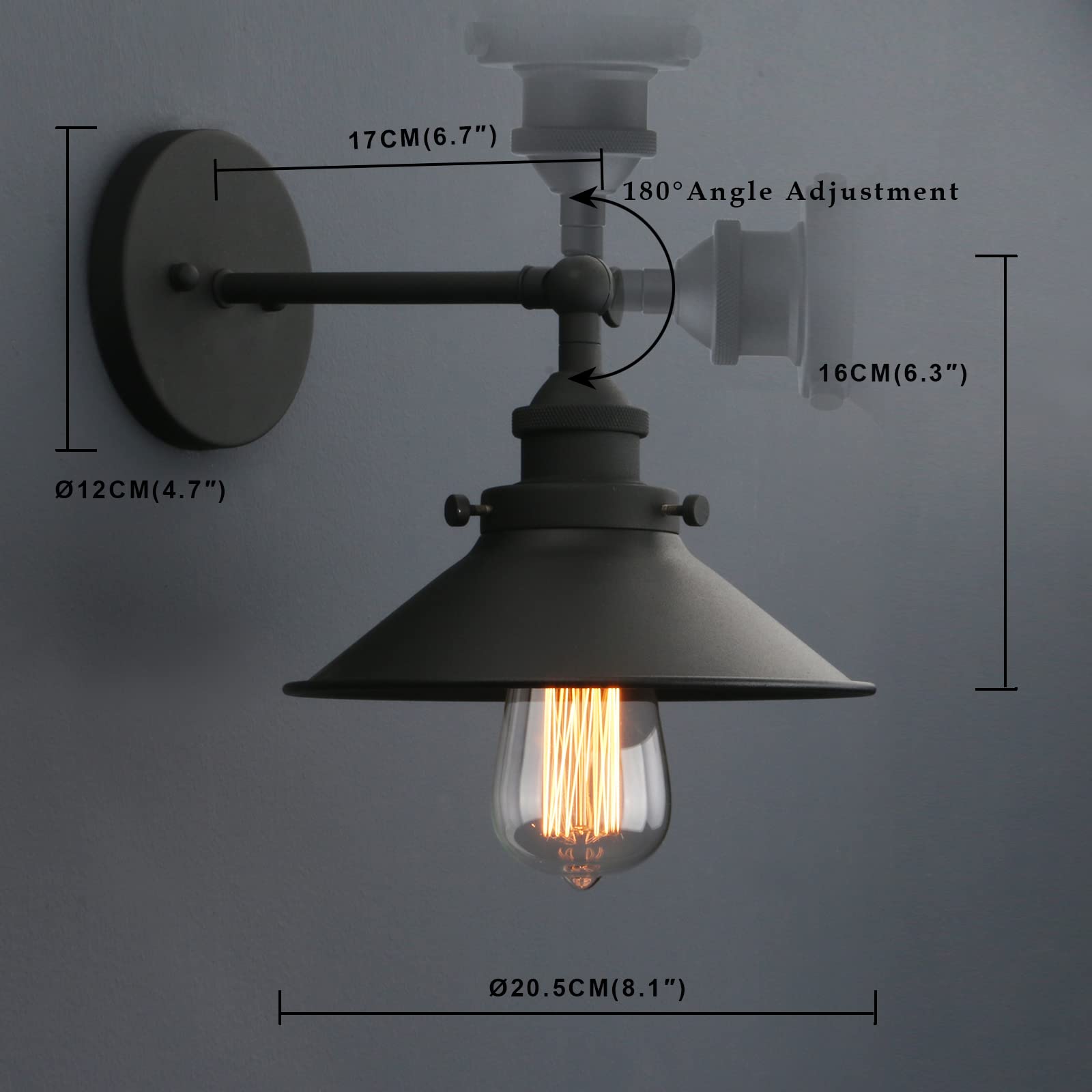 Phansthy Wall Sconce Light, Vintage Style, Metal, 8.1 Inches, Adjustable Direction, Black, Model FTY288TH