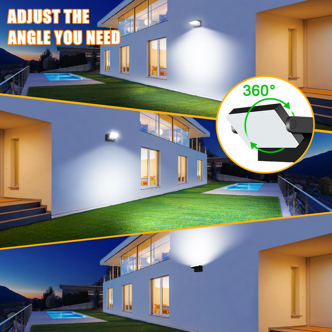 Juyace 60W LED Wall Light Outdoor 2 Pack, 5000K, Black, Aluminum, Model KU1361B, 360° Rotation for Garage, Barn, Yard