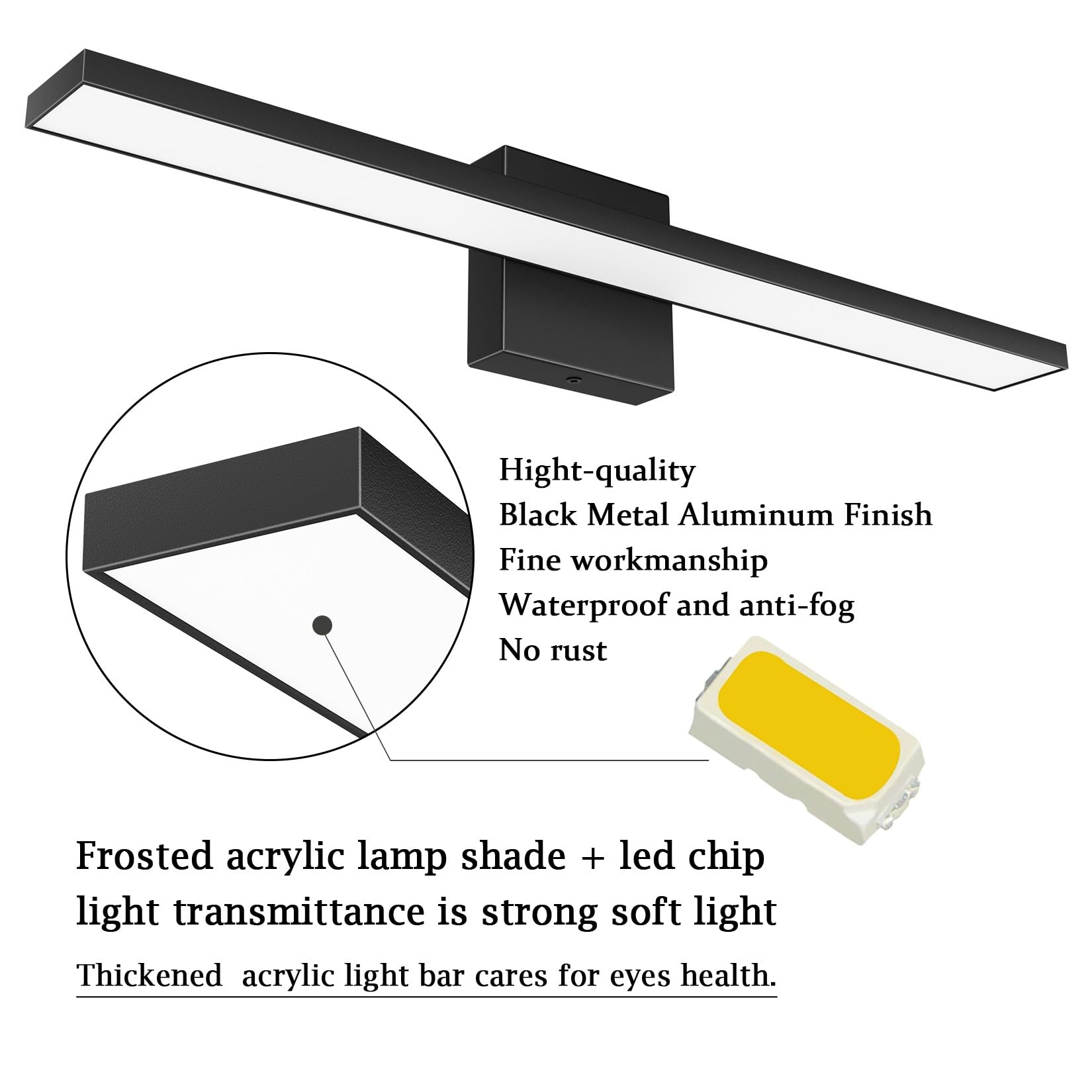 Ralbay LED Bathroom Vanity Light Bar 24 inch 16W Dimmable Matte Black Acrylic Wall Fixture Model 6102
