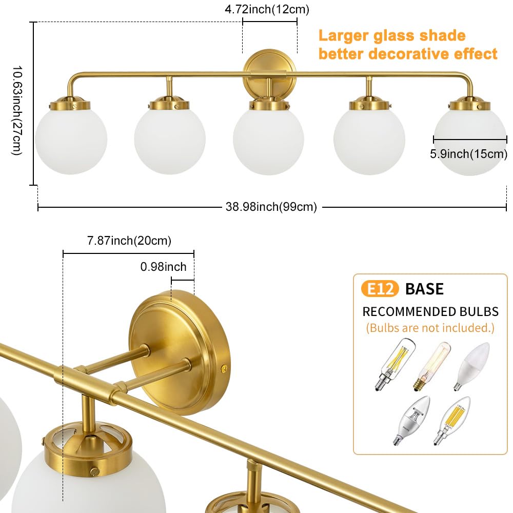 Deyidn Gold Bathroom Light Fixtures 5-Light Wall Sconce with Milk White Glass Globe Shade, Model 1758