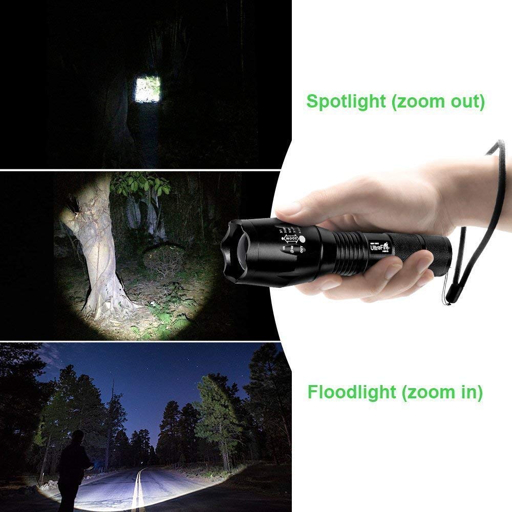 ULTRAFIRE A100 2 Pack LED Flashlight, 800 Lumen, 3 Color Modes, Zoomable, Aluminum, Black