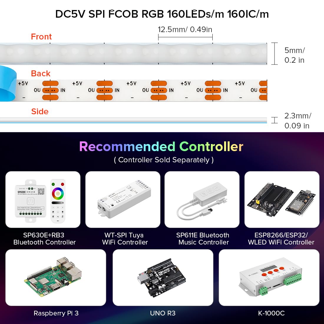 Btf-Lighting Fcob Cob Xgb1338(Ws2812B) Individually Addressable Ic Rgb 160Led/M 800Ic Led Strip Dc5V 16.4Ft 5Mm Width Dream Chas