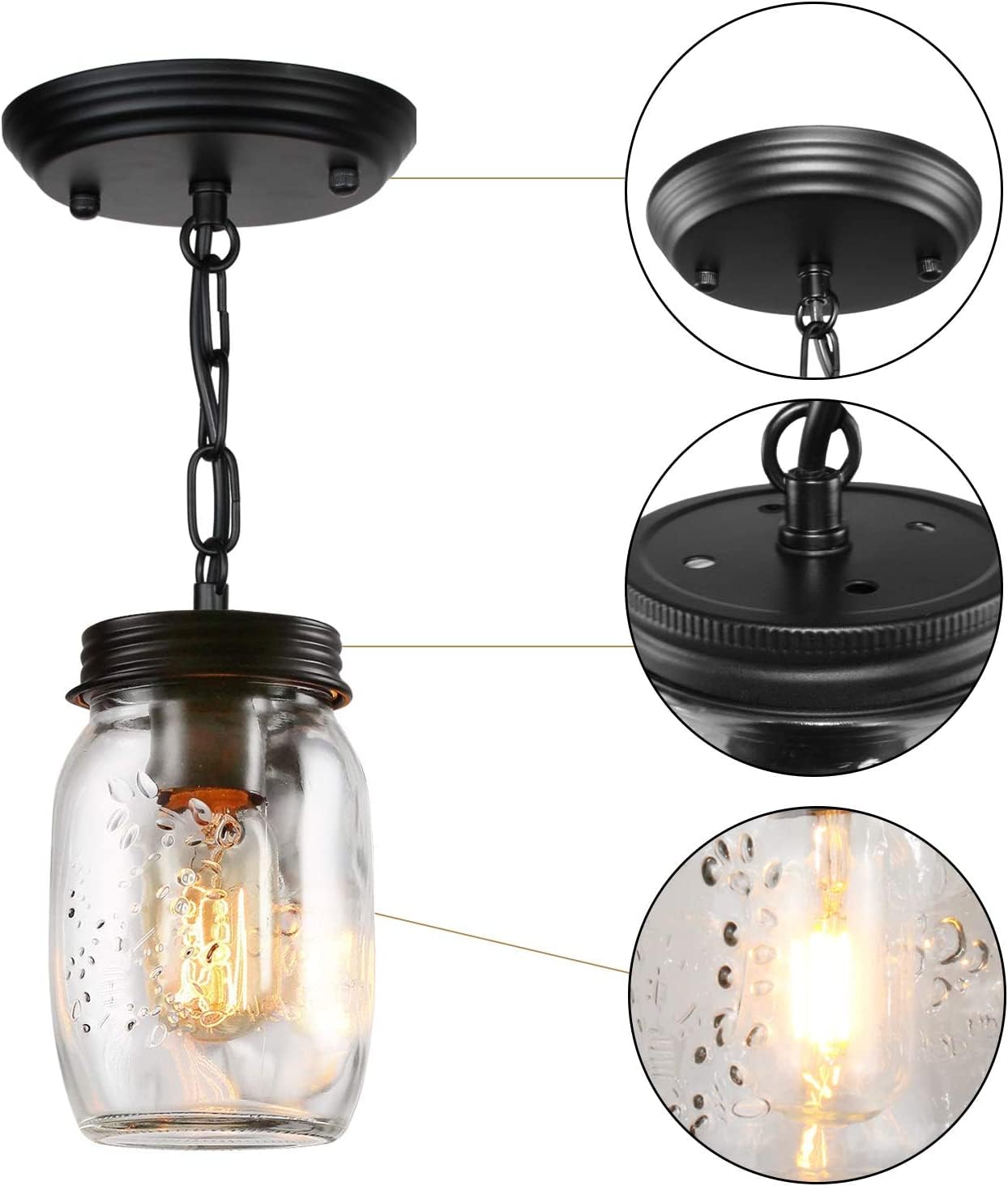 PUZHI HOME Glass Mason Jar Pendant Light Fixture, 1-Light Metal Lighting for Kitchen, Dining Room, Hallway - Black, Model 3