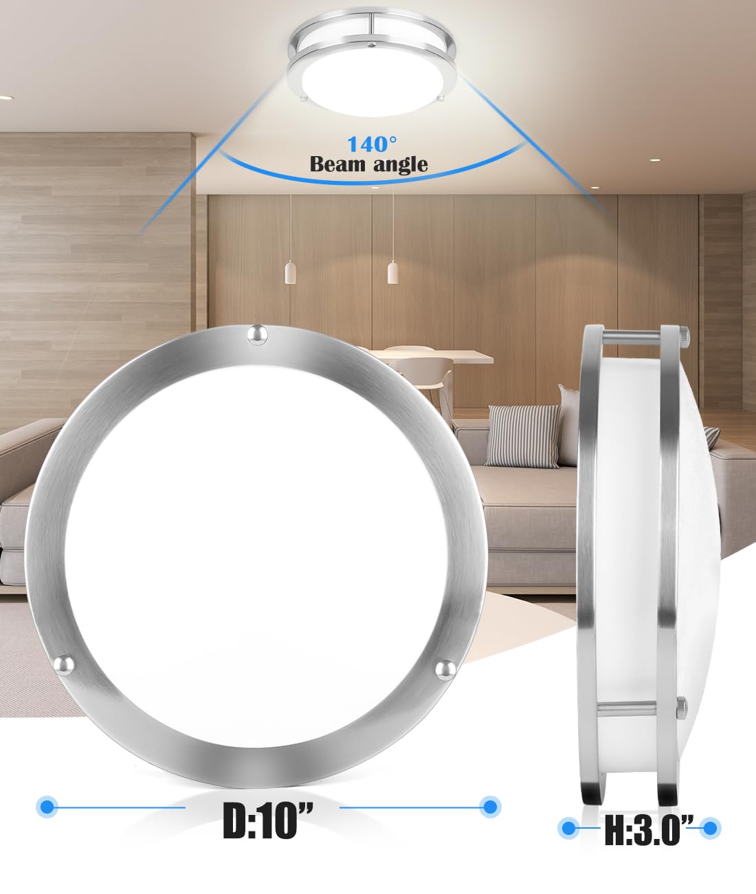 Brushed Nickel Ceiling Light, 10 Inch Led Ceiling Light Fixture For Bathroom,17W, 2700K/3000K/3500K/4000K/5000K Adjustable Ceili