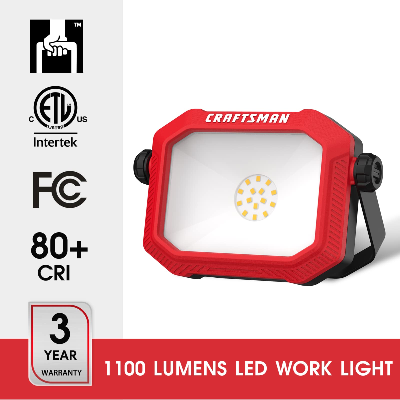 CRAFTSMAN LED Work Light 1100 Lumens, 4000K, Portable, Metal Stand, Red, MPL1067, 5FT Cord, Impact-Resistant Glass Lens