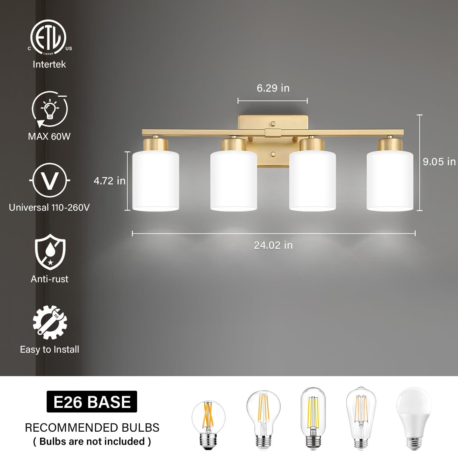 Fonmyim Gold Bathroom Light Fixtures, 4-Light Modern Vanity Light Over Mirror, Wall Sconces With Milky White Frosted Glass Shade