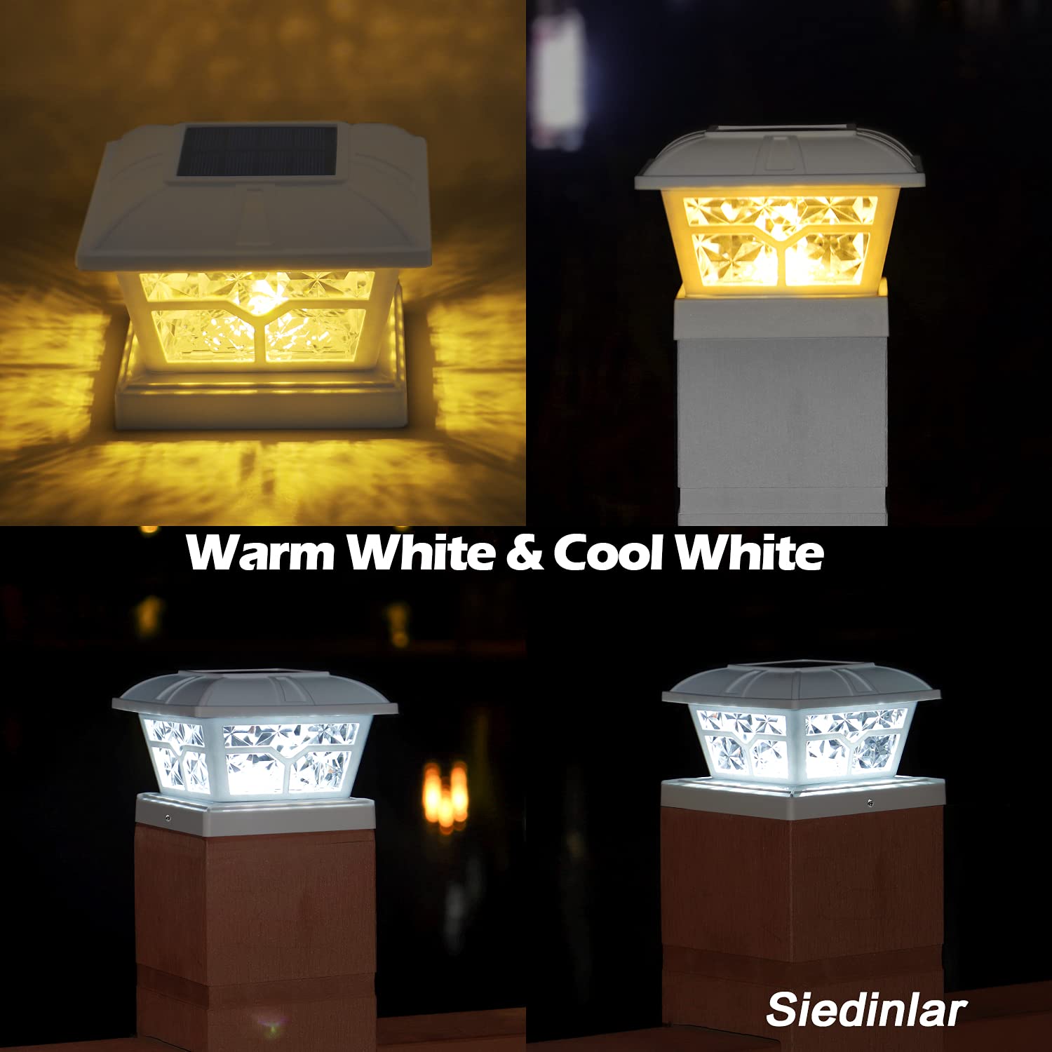 SIEDiNLAR Solar Post Cap Lights - 2 Color Modes, 8 LEDs, 6 Pack, White, for 4x4, 5x5, 6x6 Posts