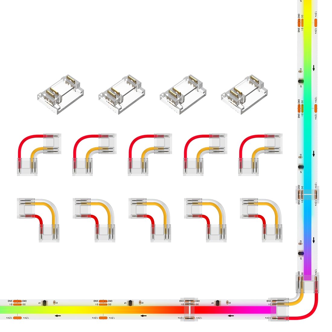 BTF-LIGHTING FCOB COB 12mm Solderless Connector Kit 5 Pairs L-Shaped 4pcs Strip to Strip Connectors for 3Pin FCOB WS2811 IC RGB 