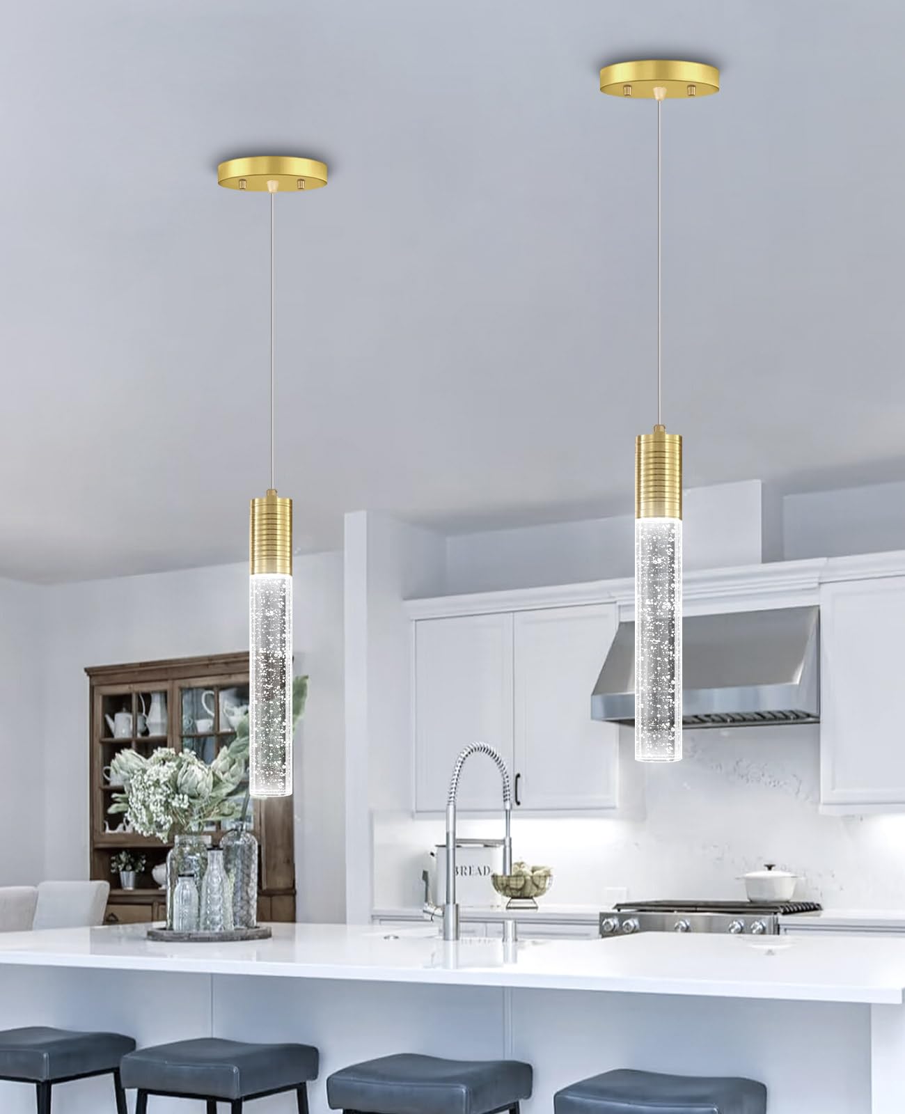 HAIXIANG 4 Pack Gold Crystal Pendant Lights for Kitchen Island, Linear LED Fixture, Iron Material, Model AA6674