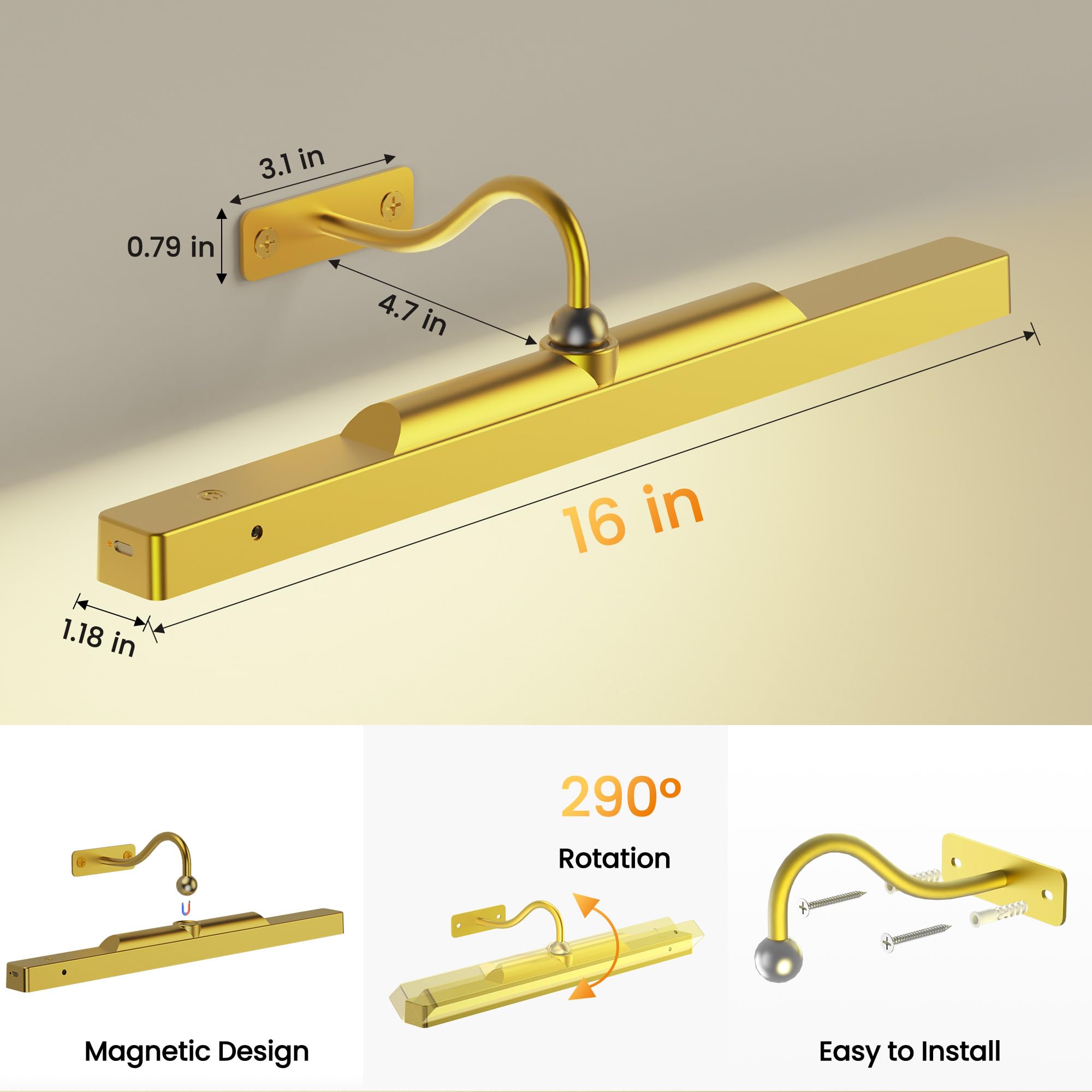 Craftersmark Picture Light - 16in Battery Operated Wall Lights, Gold, 5000mAh, Remote Control, 3 Light Modes, Ideal for Art and Portraits