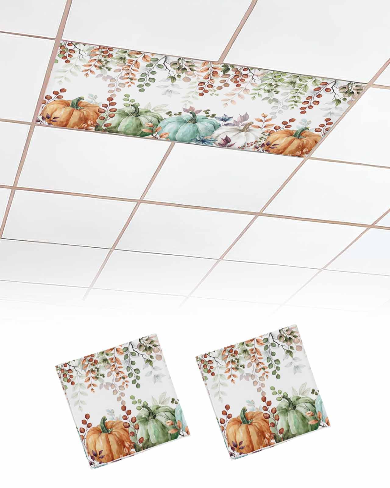 Fall Fluorescent Light Covers For Ceiling Lights Eucalyptus Leaves Magnetic Light Filters 2 Pack 4X2 Ft Sage Green Maple Leaf Pumpkin Thanksgiving Ceiling Lights Cover For Classroom Office Drop Lamp
