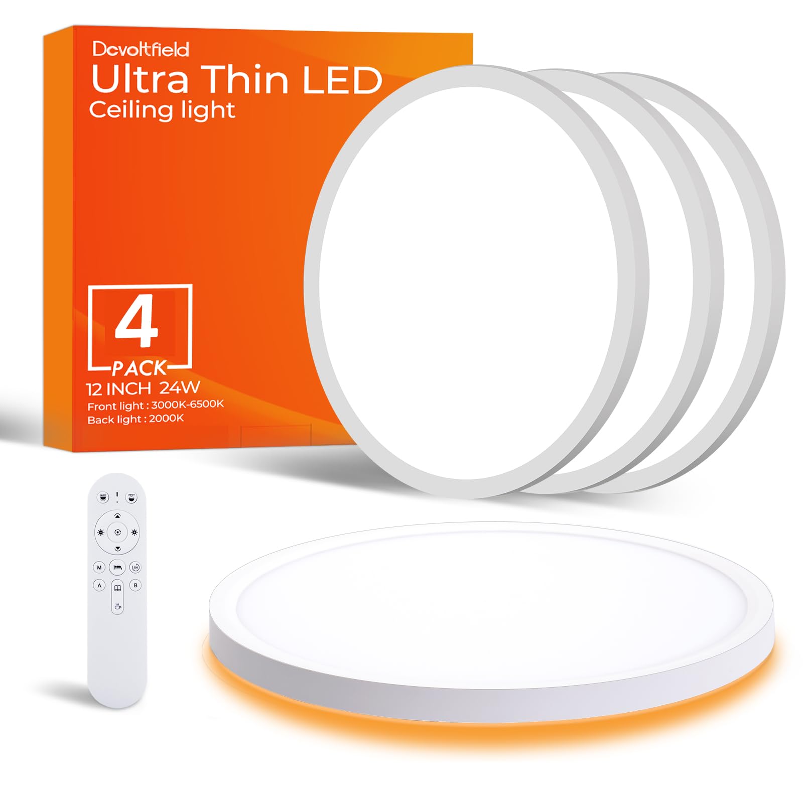 12Inch 4Pack Flush Mount Led Ceiling Light With Remote Control,Ultra Slim 24W 3000K-6500K Color Adjustable Ceiling Lamp For Livi