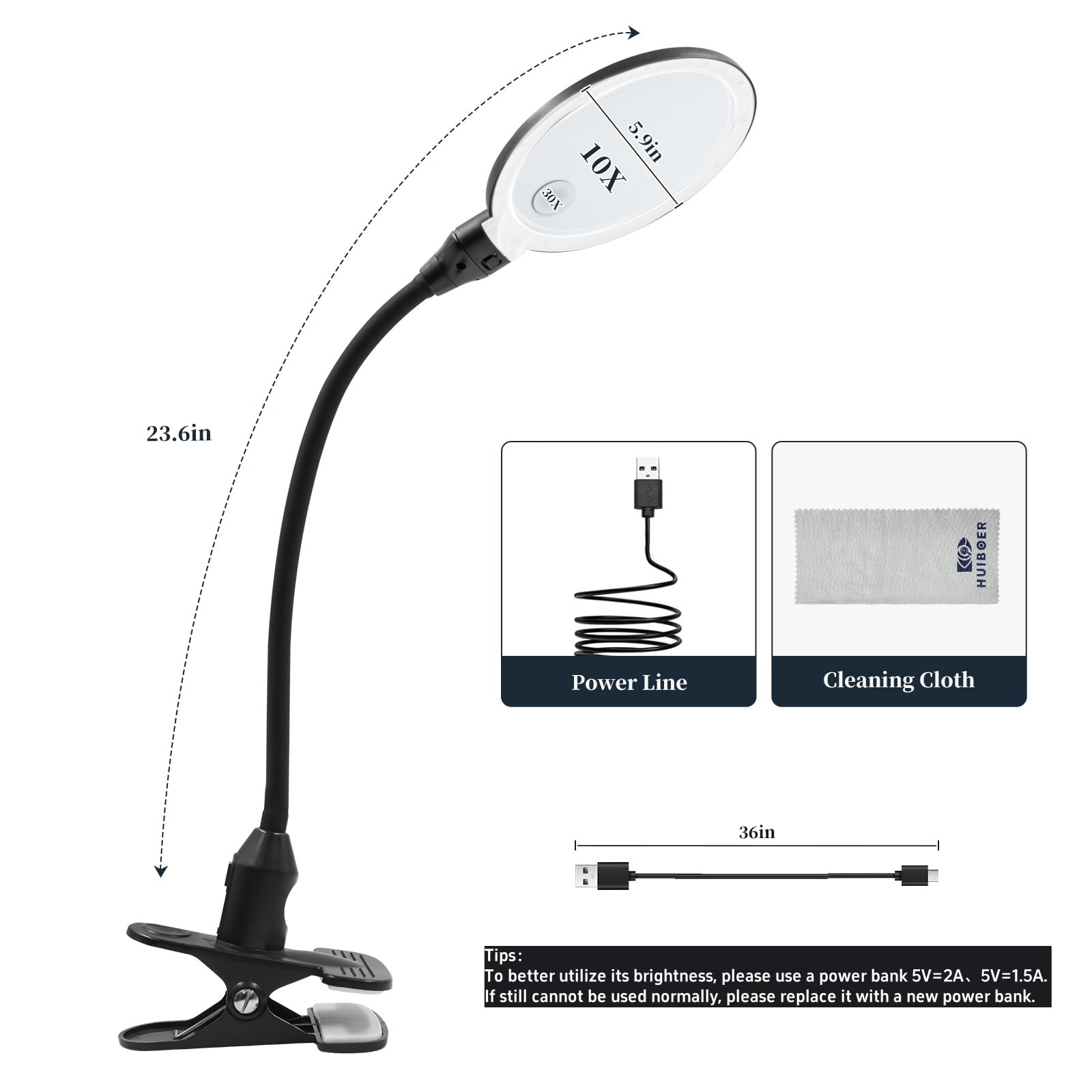 Hulboer 30X Magnifying Glass With Light And Clamp, 5.9 Inch Large Magnifier Lamp, 3 Color Modes Dimmable, Hands-Free Flexible Go