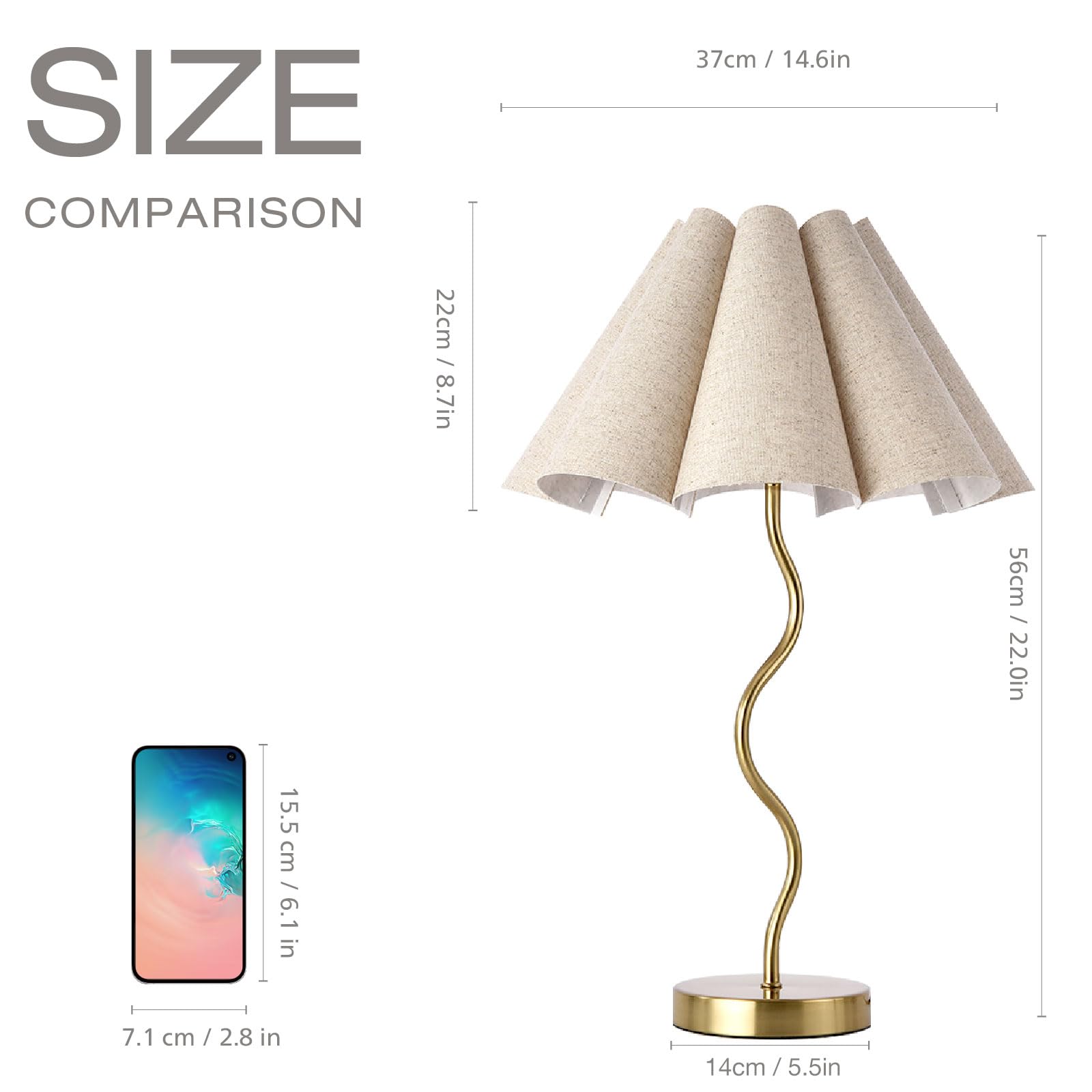 KUNJOULAM Small Table Lamp - Modern Gold Bedside Nightstand Lamp with Umbrella Fabric Shade, Model TL080 for Home Office Decor